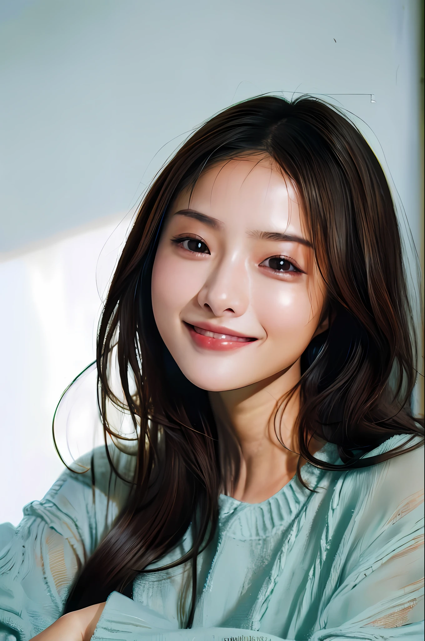 Top Quality, Masterpiece, Ultra High Definition, (Photorealistic: 1.4), Raw Photo, 1 Girl, Dark Hair, Smile, Glossy Skin, Dramatic Lighting, Full Body, Neatness, T-Shirt, White Summer Sweater, (Big: 0.9)