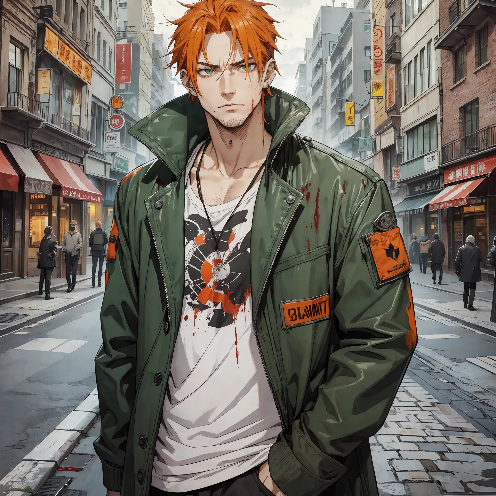 1 male, handsome, male, adult male, older guy, broad shoulders, tall height, ((green eyes)), ((orange hair, hair tied), piercings, older face, adult, anime version, clothing with black coat, tall man, anime, clothing with black color coat,showing the whole character, only one character, only one person, blood on clothing, at night, gun in hand,  blood on the face, people on the scene, dark street --auto --s2
