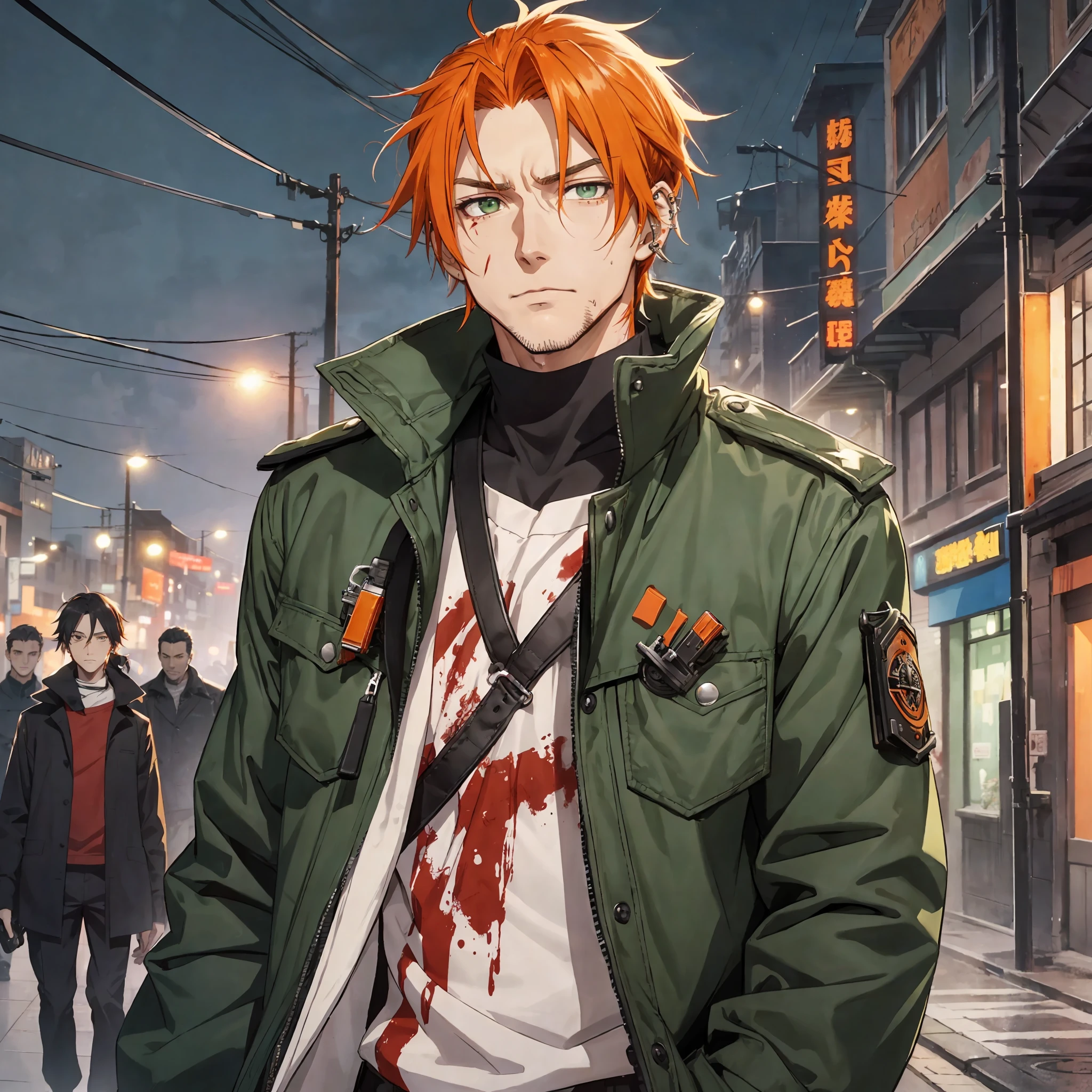 1 male, handsome, male, adult male, older guy, broad shoulders, tall height, ((green eyes)), ((orange hair, hair tied), piercings, older face, adult, anime version, clothing with black coat, tall man, anime, clothing with black color coat,showing the whole character, only one character, only one person, blood on clothing, at night, gun in hand, blood on the face, people on the scene, dark street --auto --s2