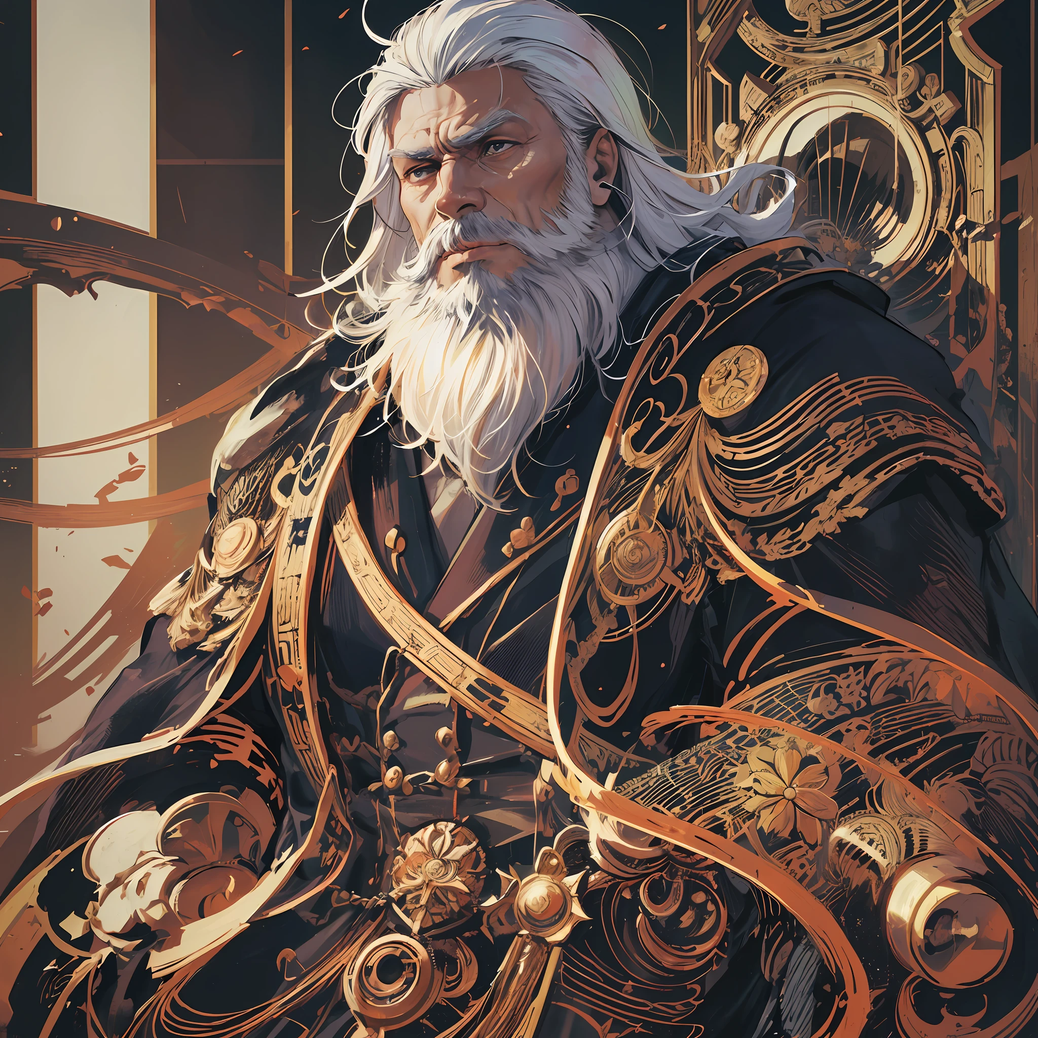 (open image) (kaisen jujutsu style), (line art:1.5), (1 men:1.3), ((color)), man, age over 40, royal robes, crown on his head, low beard, white hair, (masterpiece, sentadd on the royal throne, evil expression,superior quality, best quality), well detailed strokes, extremely detailed background, good composition, good anatomy, perfect lighting, good shading, (realistic:1.3), --auto --s2