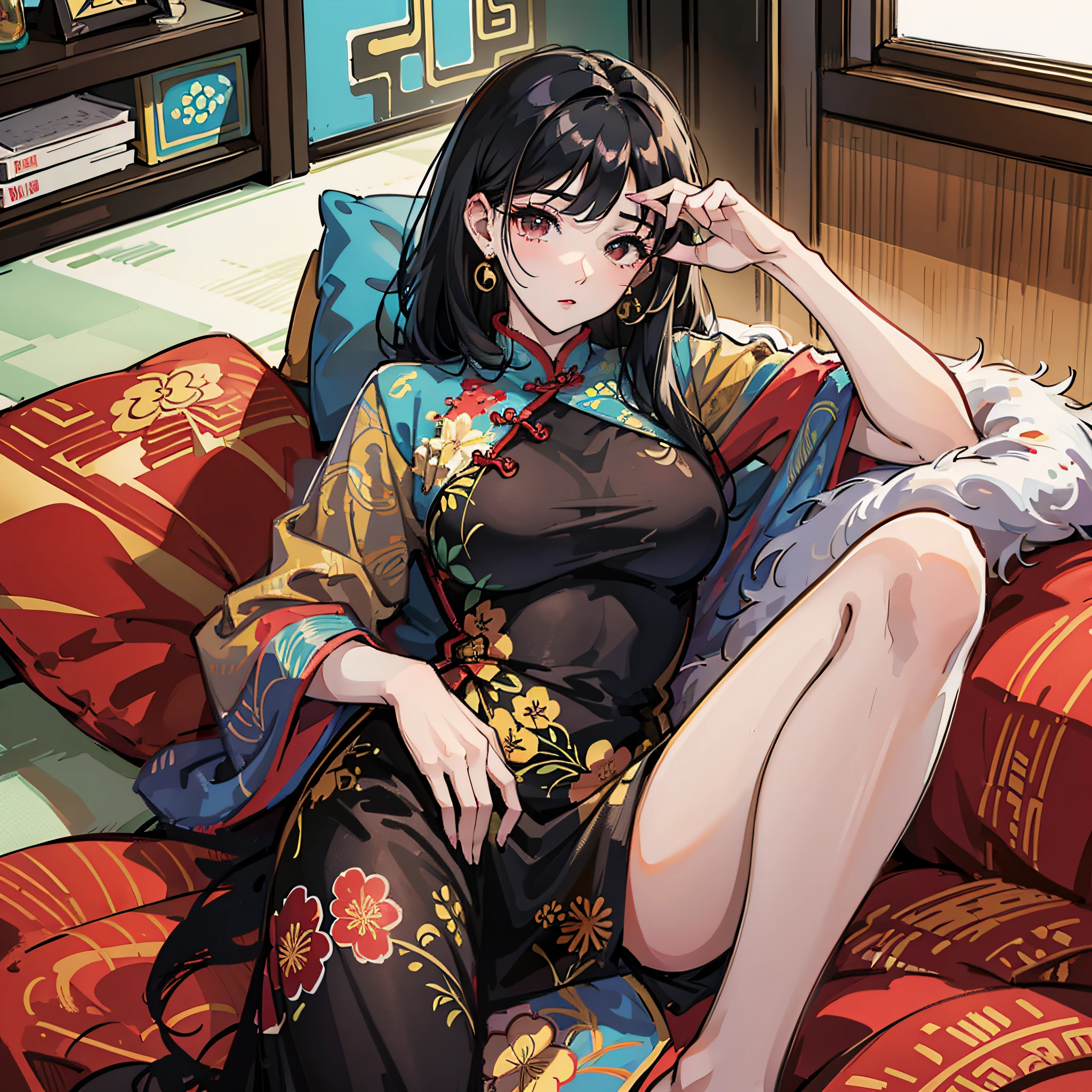 Woman, cheongsam, black hair, lying on the sofa --auto --s2