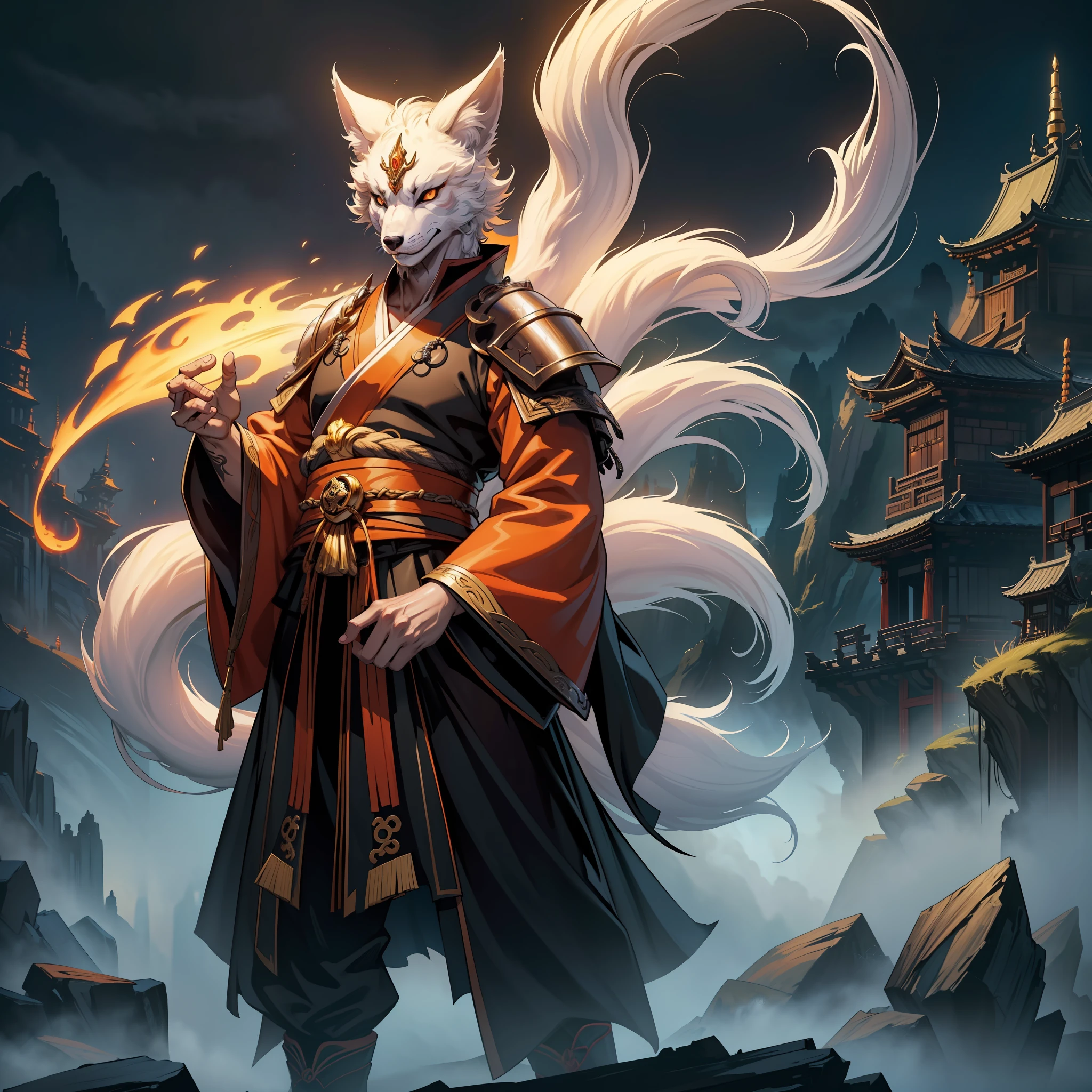 (extremely detailed 8k wallpaper:1.2), (best quality:1.2), (adventure and fantasy theme), profile (Paizo Pathfinder RPG character and Dungeons & Dragons), (man) (((Kitsune race))), young, sharp focus, (subsurface scattering:1.1), award-winning photography, ((Summone Class:1.3)), ((half-body shot:1.1)), face centered, white fur, orange eyes:1.2, a tail, Chinese, wearing black Chinese sacred robes, (standing on eastern background landscape:1.3), (very detailed background:1.2),dramatic lighting, sfw