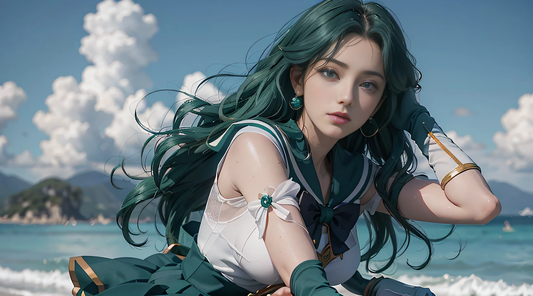 Close up, 1 girl, sailor Neptune, (sailor senishi uniform: 1.2), (aqua eyes: 0.9), dark green hair, medium hair, wedge skirt, best quality, earrings, masterpiece, high resolution, intricate details, (realistic), photography, (white elbow gloves: 1.1), jewelry, medium breasts, full body, dynamic background, dynamic pose