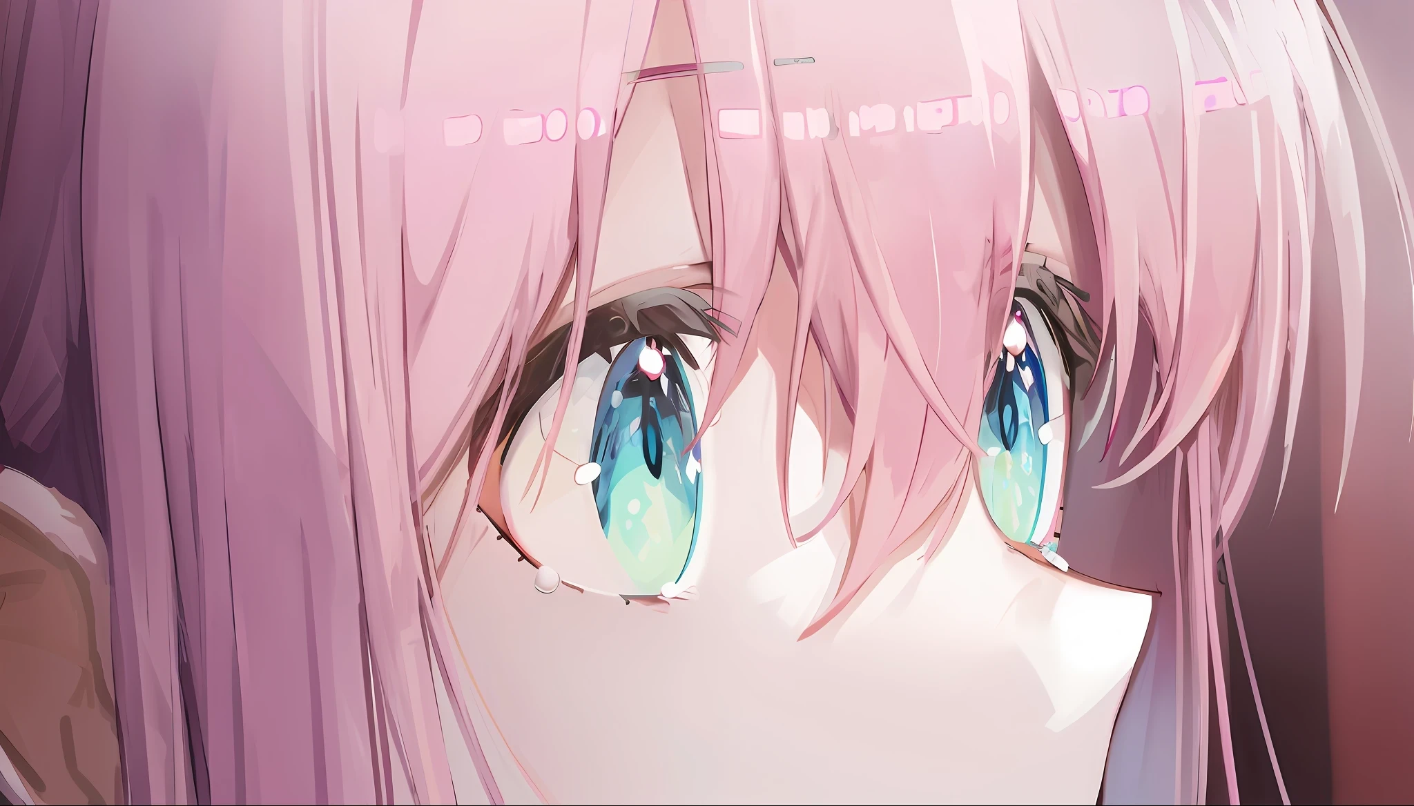 anime girl with pink hair and blue eyes staring at something, huge anime eyes, pink eyes, teary eyes, with huge luminous sad eyes, eyes glowing, large cute anime eyes, detailed anime eyes with pupils, glowing pink eyes, glowing eyes everywhere, pink twintail hair and cyan eyes, anime eyes, soft anime illustration, detailed anime soft face