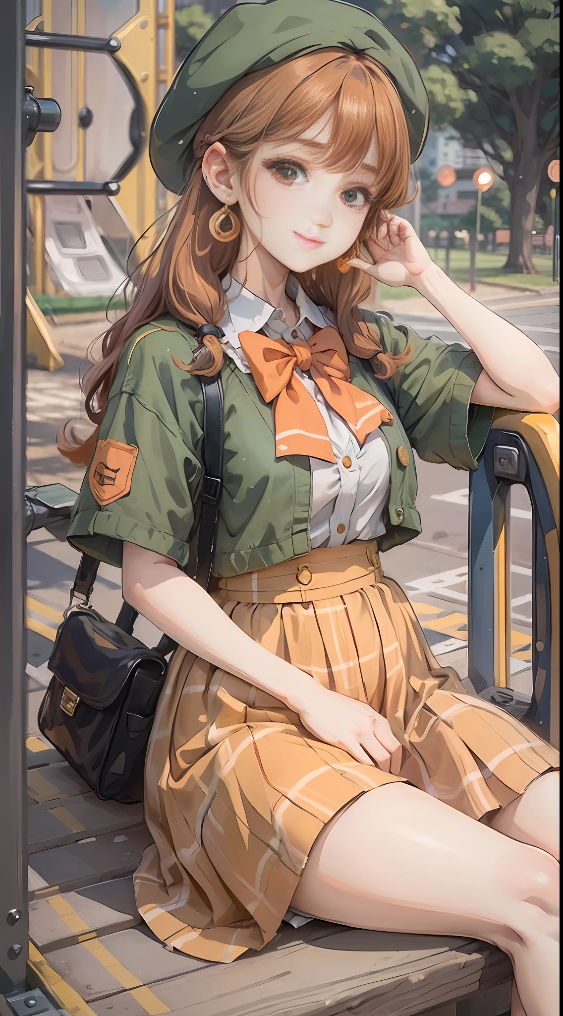 A girl sits on the edge of the playground, Face the lens, An orange cat is next to it, crossed bangs, beret, mole under eye, crystal earrings, light smile, colored eyelashes, Ghibli-like colours, Fujicolor, film grain, collage, masterpiece, retina