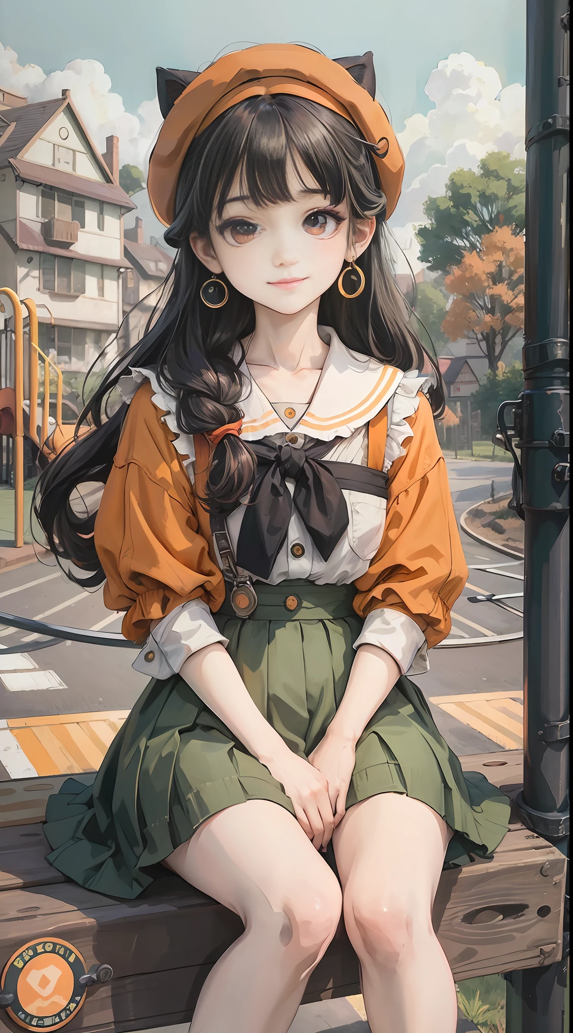 A girl sits on the edge of the playground, Face the lens, An orange cat is next to it, crossed bangs, beret, mole under eye, crystal earrings, light smile, colored eyelashes, Ghibli-like colours, Fujicolor, film grain, collage, masterpiece, retina