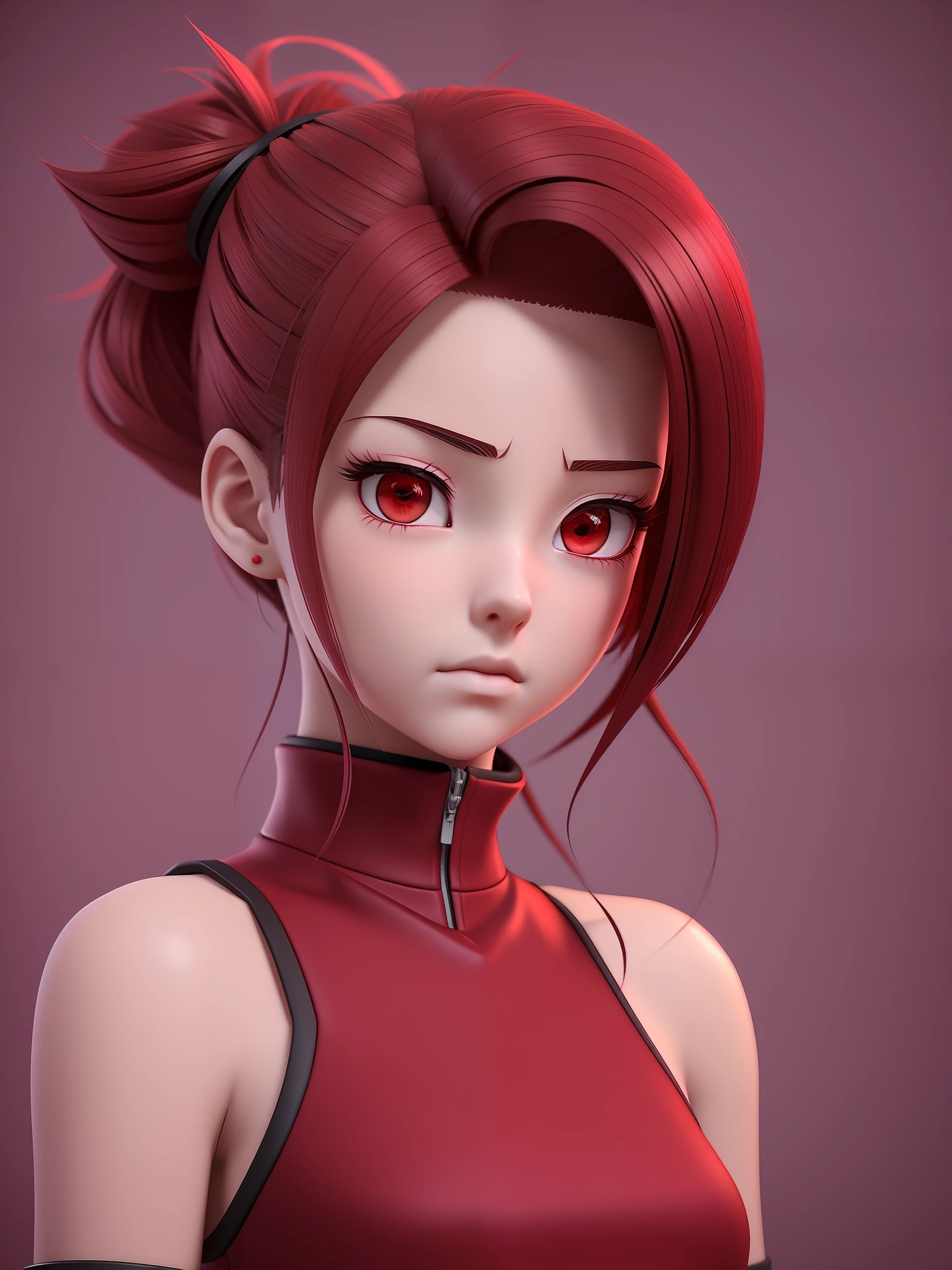 Young girl, a cartoon character dark red outfit, ((cold expression and tired eyes)), ((hair up to shoulder)), (red eyes), stylized character, animation character, stylized 3d render, 3d character, highly detailed character, stylized anime, stylized 3d, render character, character model, closeup, (maximum quality)