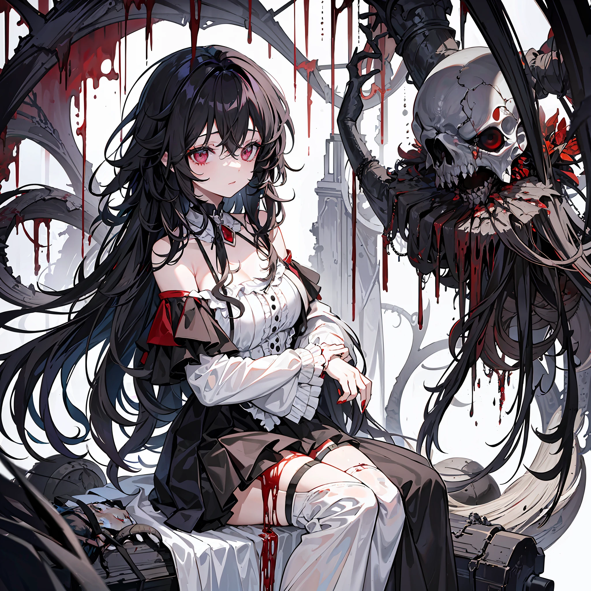 {{{{black messy and curly shoulder length hair}}}}, Grotesque blood girl