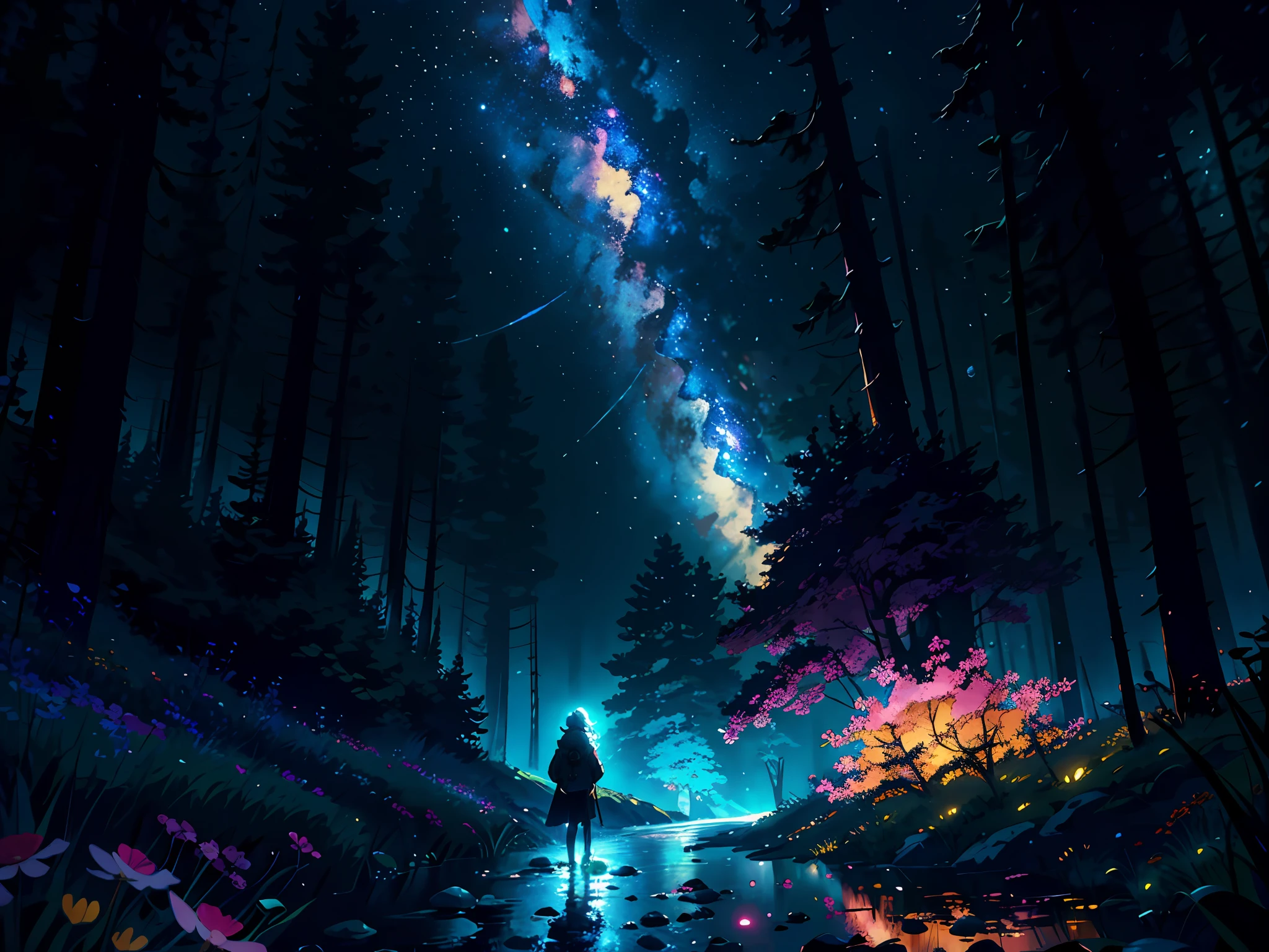 illustration, cartoon, soothing tones, calm colors, (anime), (illustration), cartoon, detailed, masterpiece, beautiful landscape, forest, largebpond, pathway,night, nebula, glowing crystal, fire fly, colorful flowers,starry sky, a girl looking at that scene,8k, best quality, dark shot, digital render, professional, 4K,Detailed,Realistic,4k highly detailed digital art,octane render, bioluminescent, BREAK 8K resolution concept art, realism,by Mappa studios,masterpiece,best quality,official art,illustration,ligne claire,(cool_color),perfect composition,absurdres, fantasy,focused,rule of third