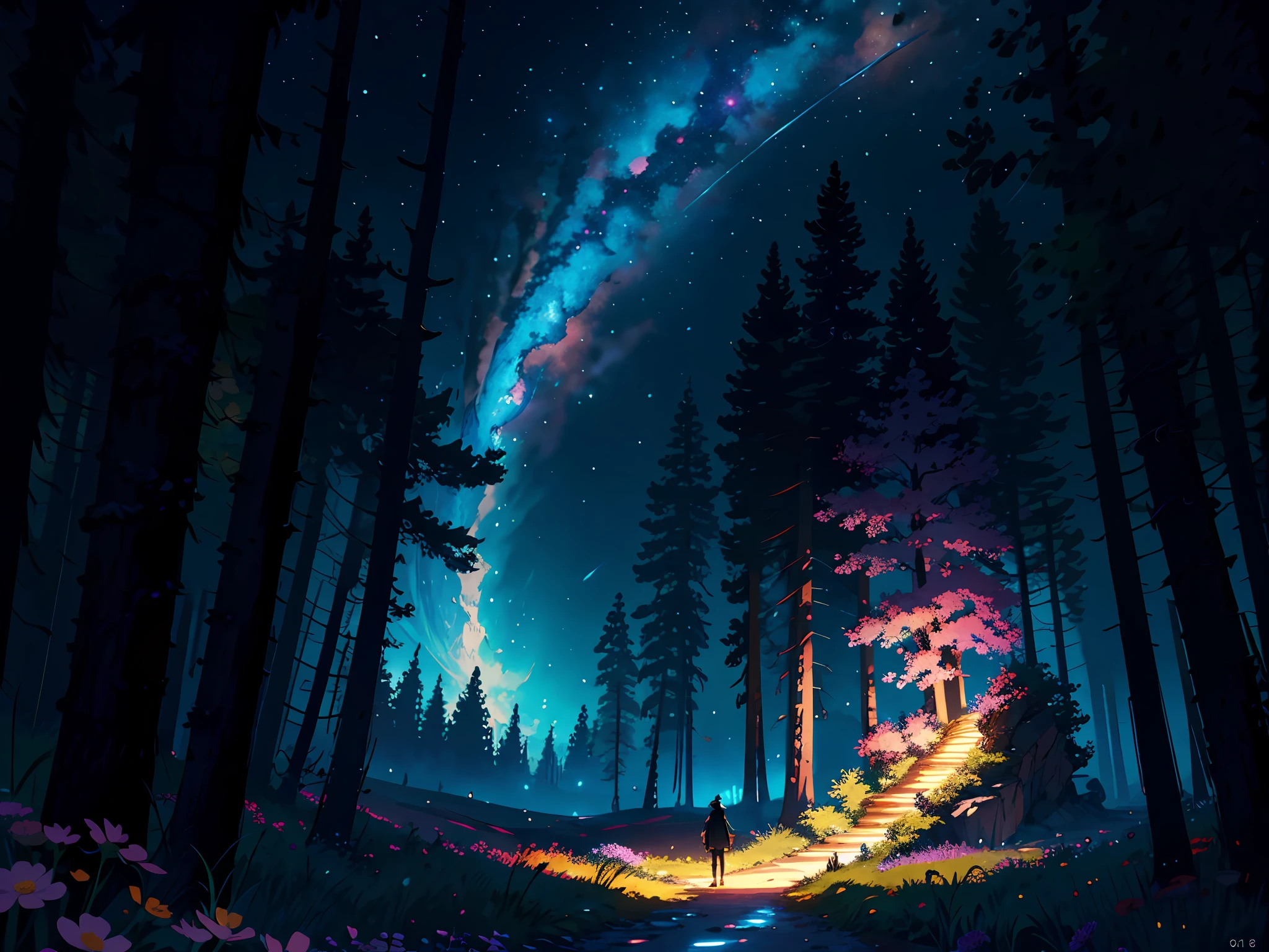 illustration, cartoon, soothing tones, calm colors, (anime), (illustration), cartoon, detailed, masterpiece, beautiful landscape, forest, largebpond, pathway,night, nebula, glowing crystal, fire fly, colorful flowers,starry sky, a girl looking at that scene,8k, best quality, dark shot, digital render, professional, 4K,Detailed,Realistic,4k highly detailed digital art,octane render, bioluminescent, BREAK 8K resolution concept art, realism,by Mappa studios,masterpiece,best quality,official art,illustration,ligne claire,(cool_color),perfect composition,absurdres, fantasy,focused,rule of third