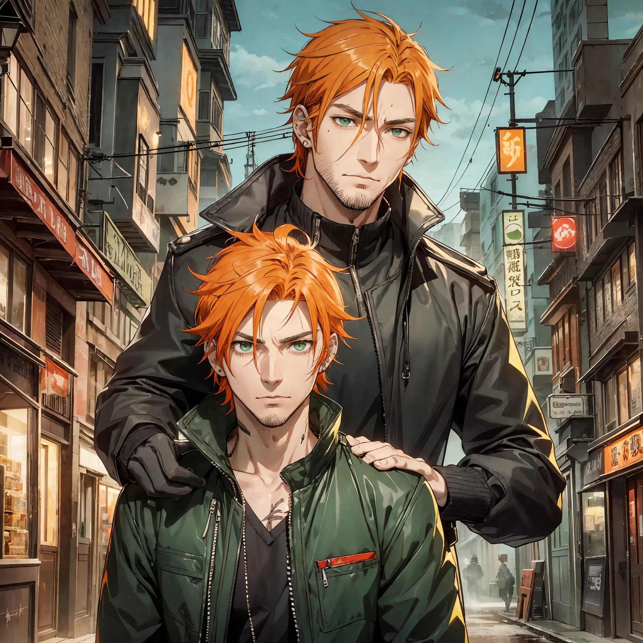 1 male, handsome, male, adult male, older guy, broad shoulders, tall height, ((green eyes)), ((orange hair, hair tied), piercings, older face, adult, anime version, clothing with black coat, tall man, anime, clothing with black color coat,showing the whole character, only one character, only one person, blood on clothing, at night, gun in hand, blood on the face, people on the scene, dark street --auto --s2