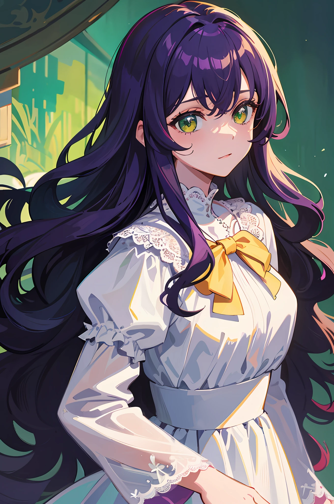 Masterpiece, best quality, simplicity, illustration, white long dress, bow, pleated lace, masterpiece, best quality, super detailed, portrait of a beautiful girl, long (wavy) purple hair, golden green eyes,