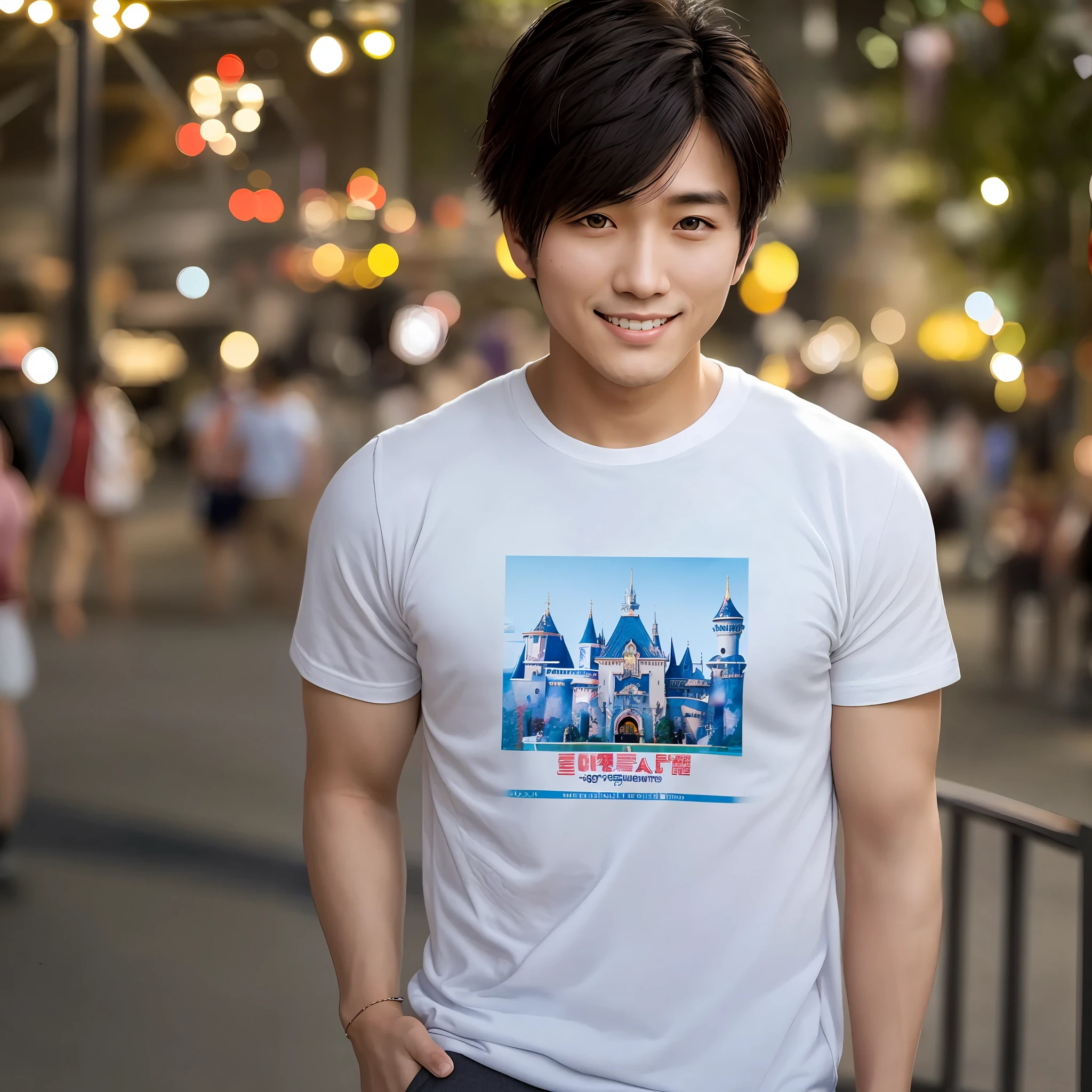 Japan 26 year old handsome man, male focus, wearing t-shirt, messy hair parted center, watching and smiling at viewer, Disneyland, beautiful lighting, deep shadows, top quality, masterpiece, super high resolution, photorealistic, blurred background,
