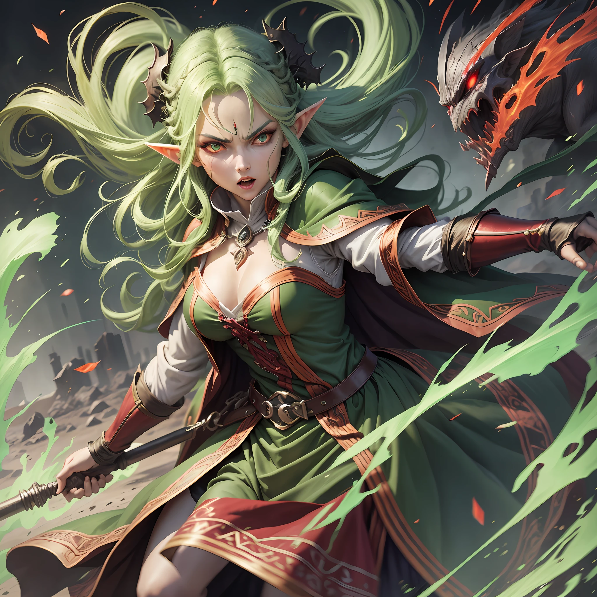 Elf, woman, medieval clothes,green hair, red eyes, long clothes,red eye, furious, attack position, dynamic pose