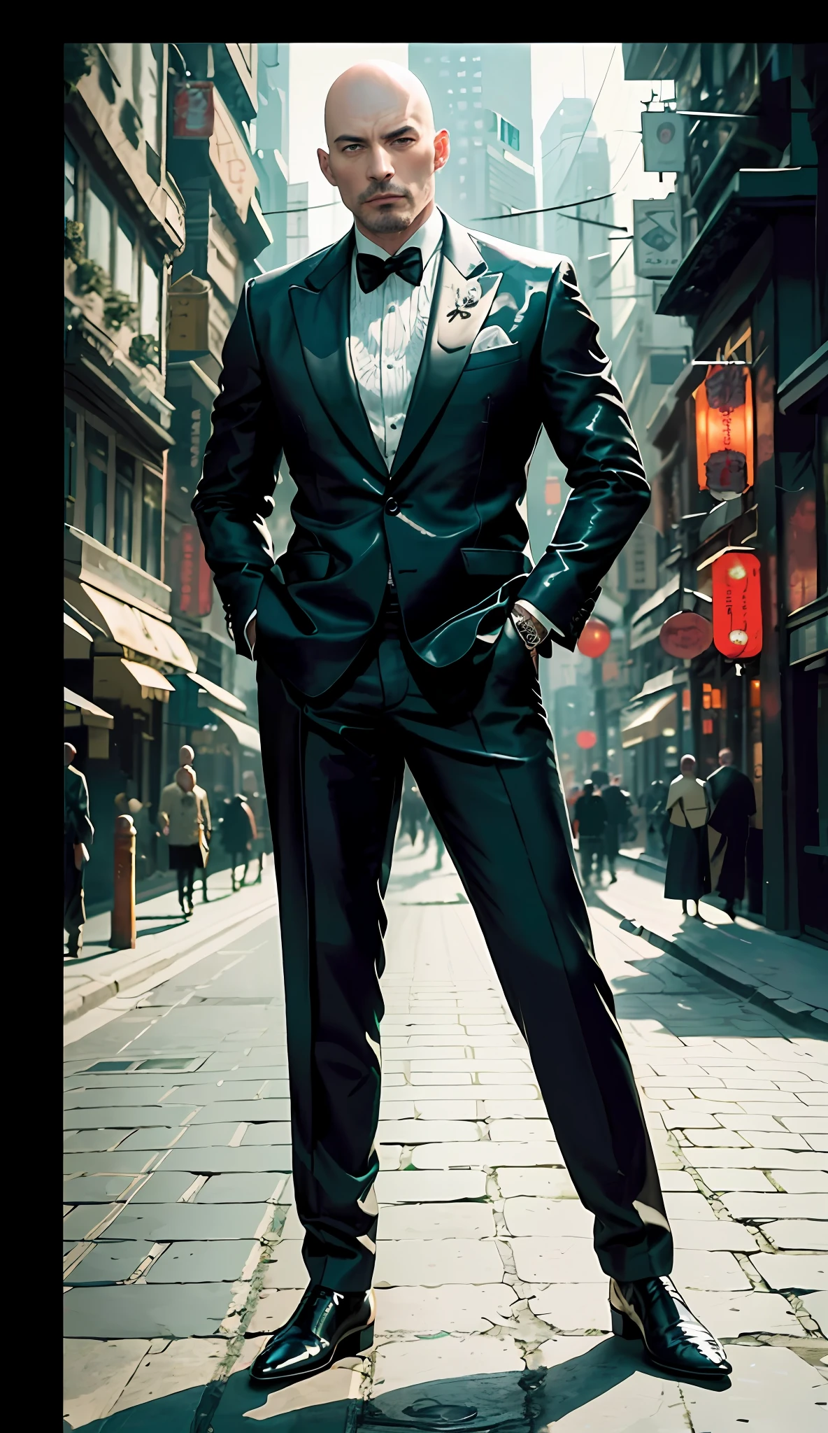 realistic (elegant bald man: 1.1) mafia boss, moves elegantly through the sidewalks of Shanghai, stylish shoe, rings on all fingers, wearing an elegant black suite of intricate leather, portrait, bald, jewelry, in a nightclub, illuminating the scene, detailed background, intricate details, (illustration), masterpiece, high resolution, best quality.