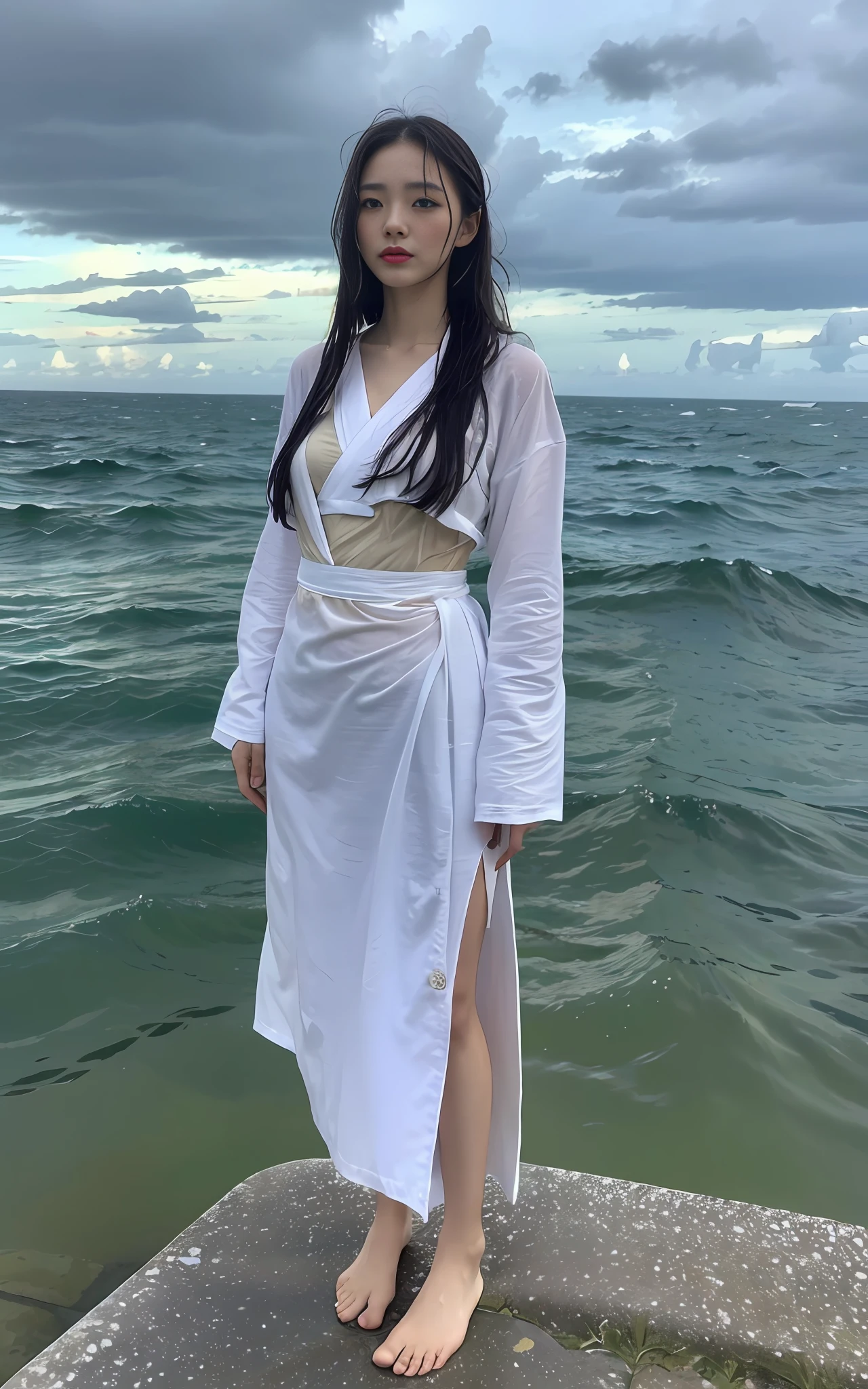 Korean woman, (masterpiece, beautiful person, sad demeanor), virtual YouTube, detailed skin texture, detailed cloth texture, exquisite and detailed face, masterpiece, collarbone, slender waist, slim body, tears, sadness, despair, 10,000 years ago, the sky was covered with dark clouds, thunder and lightning, in the vast sea of wind and waves, the ancient canoe floated on the waves, the woman standing on the canoe, tied her hair, picked up a long sword in her hand and slashed into the distance, her hair and clothes were wet by the sea and fluttered with the wind, (wet through: 1.5), (wet hair: 1.4), (costume, (white gauze clothes), Hanfu, heroine, immortal, immortal,), camera shot ten meters away, ((full body shot, wide angle lens)), on the ocean, in the rain, wet hair, low-tied long hair, crossover,