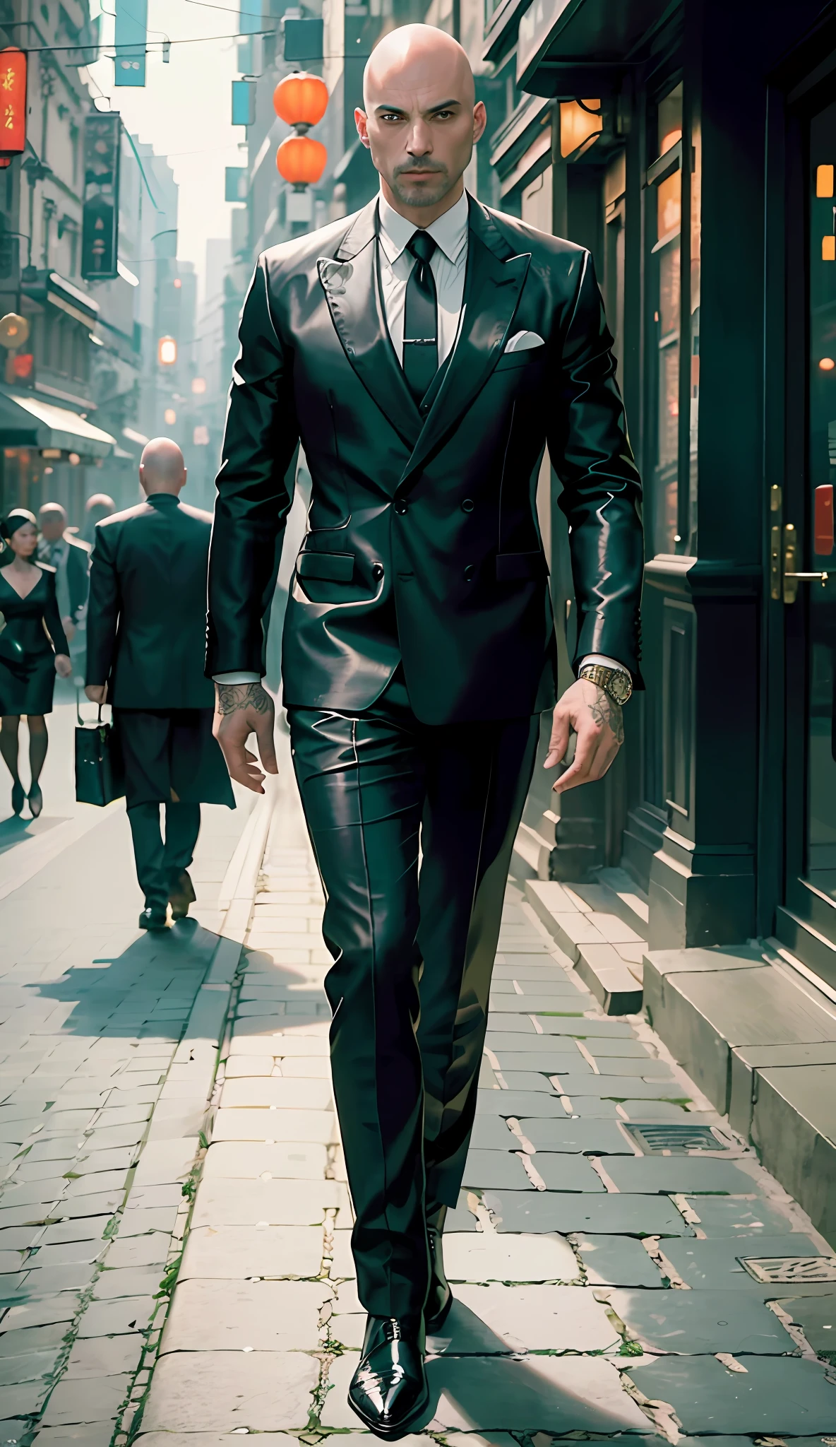 realistic (elegant bald man: 1.1) mafia boss, moves elegantly through the sidewalks of Shanghai, stylish shoe, rings on all fingers, wearing an elegant black suite of intricate leather, portrait, bald, jewelry, in a nightclub, illuminating the scene, detailed background, intricate details, (illustration), masterpiece, high resolution, best quality.
