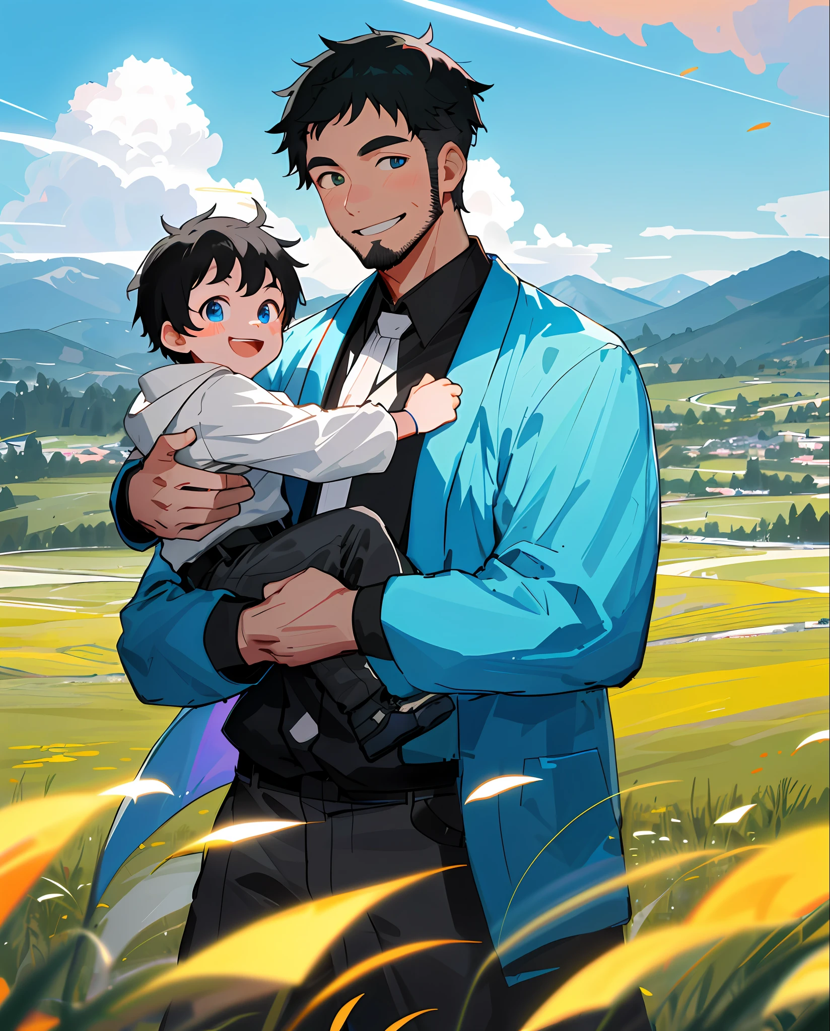 Make illustration poster, Chinese illustration, flat illustration, ((((Father's Day))), Asian, black hair, (((father and son))), father smile, stubble, short hair, clear facial features, smile on the face happiness, cycling, outdoors, mountains, sunny, blue sky and white clouds, meadow, country road, colorful, highly saturated, contour light, warm and bright, colorful, HD 8K, colored light particles, heterochromatic, (color: 1.5) , --v6