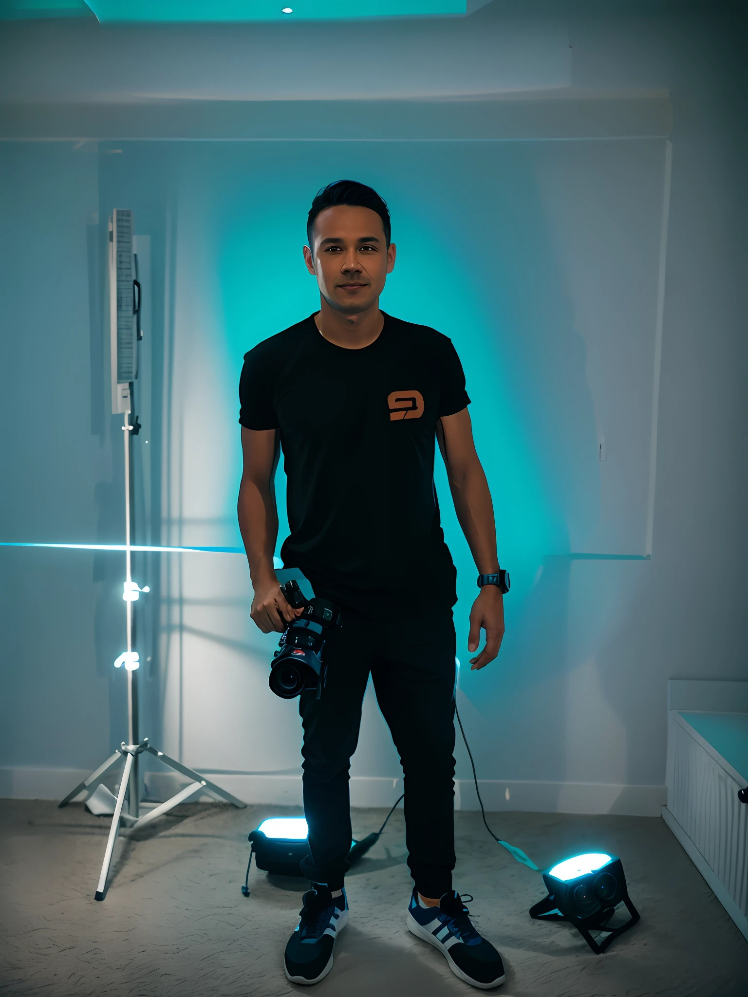 Man standing in a room with a camera and a blue light, full body photographer, full body profile camera photo, well-lit professional photo, cinematic, full body photography, art, illustration, detailed, 4k, face fidelity, professional image, weapons, holograms, tattoos