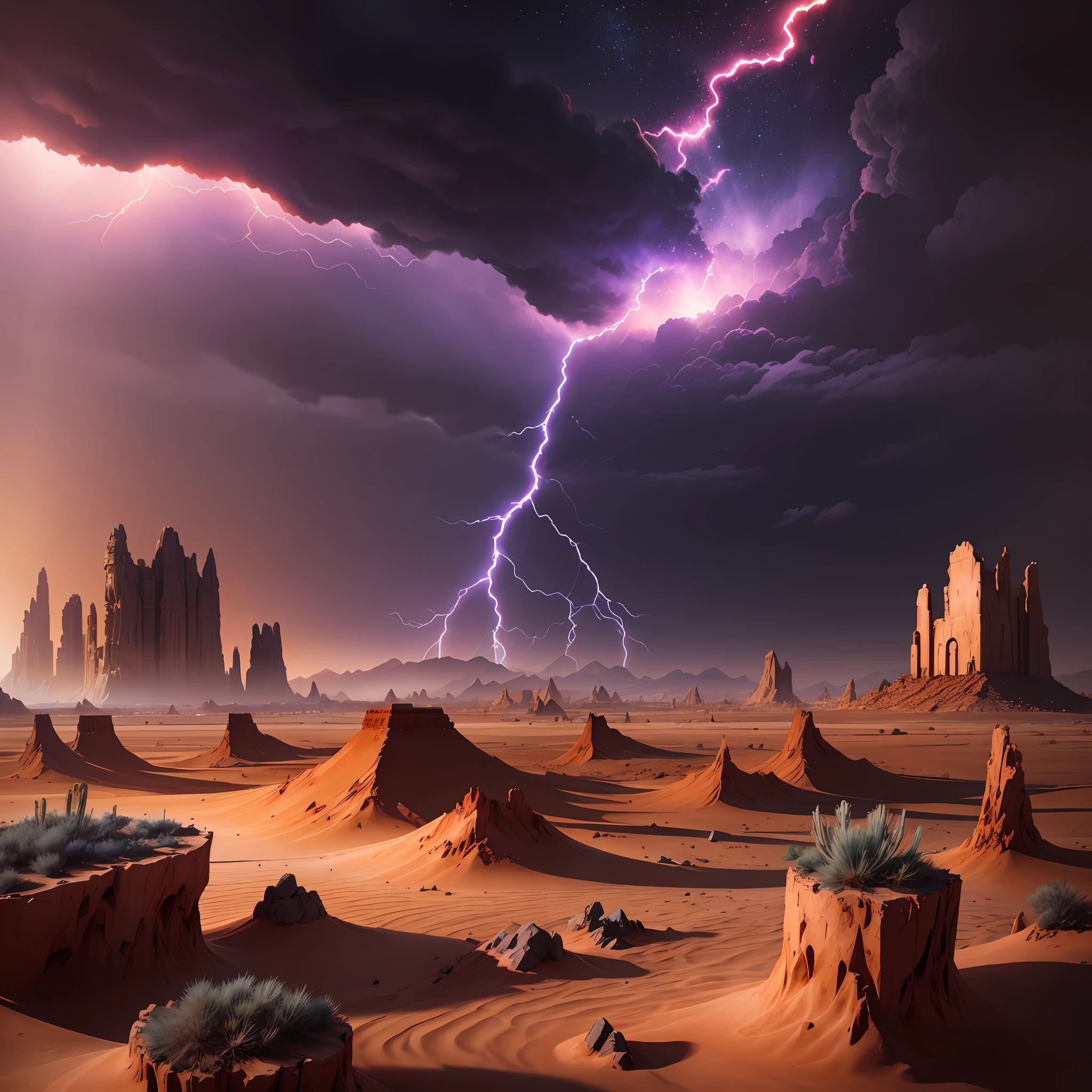 Desert,Destruction Scenery, Dusk, Upper-Atmospheric Lightning, Rocky Plateau and Desert