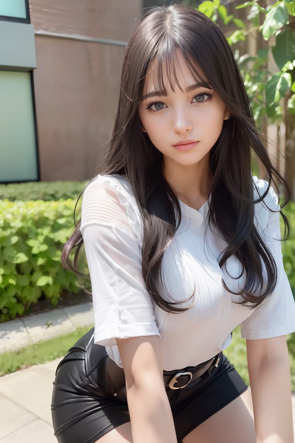 ((Best Quality:1.2, 8k, photo realistic:1.2, Masterpiece:1.2, super fine :1.2, a beautiful women, back light, Highly Detailed face Textures, detailed beauty makeup, realistic skin, detailed double eyelids, black eyes, detailed bangs)), (large breast), (((white open-chested shirt))), ((hot pants)), (park background), (embarrassed), (detailed Brilliant shiny black on light flipped hair hair), (((bent over))), ((look at viewer)), ((from front))