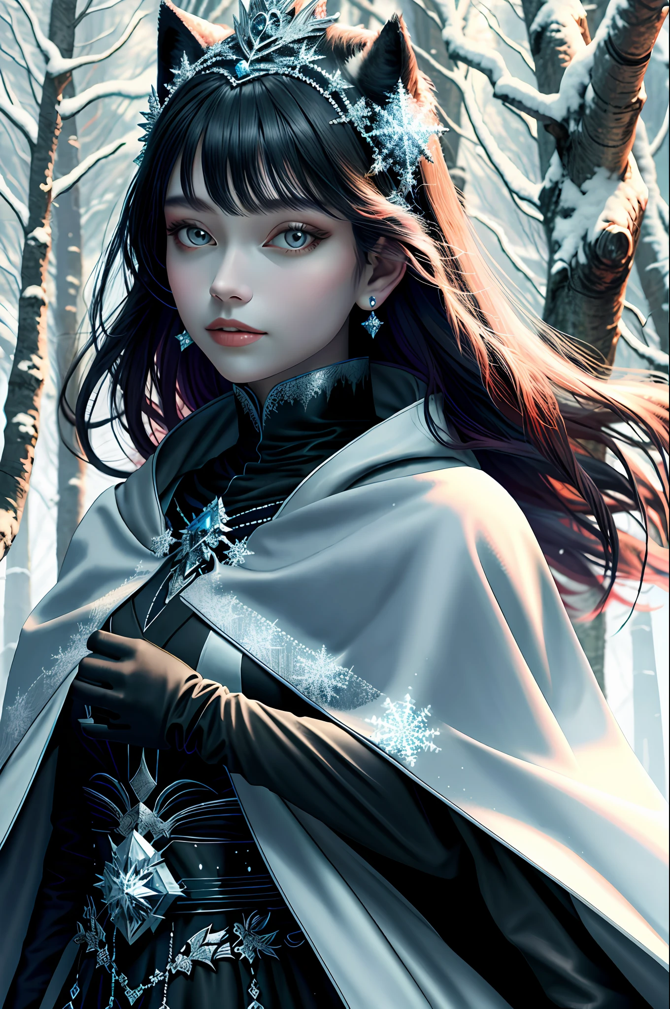 Close-up Princess wearing winter dress and cloak in a frozen forest with her black wolf