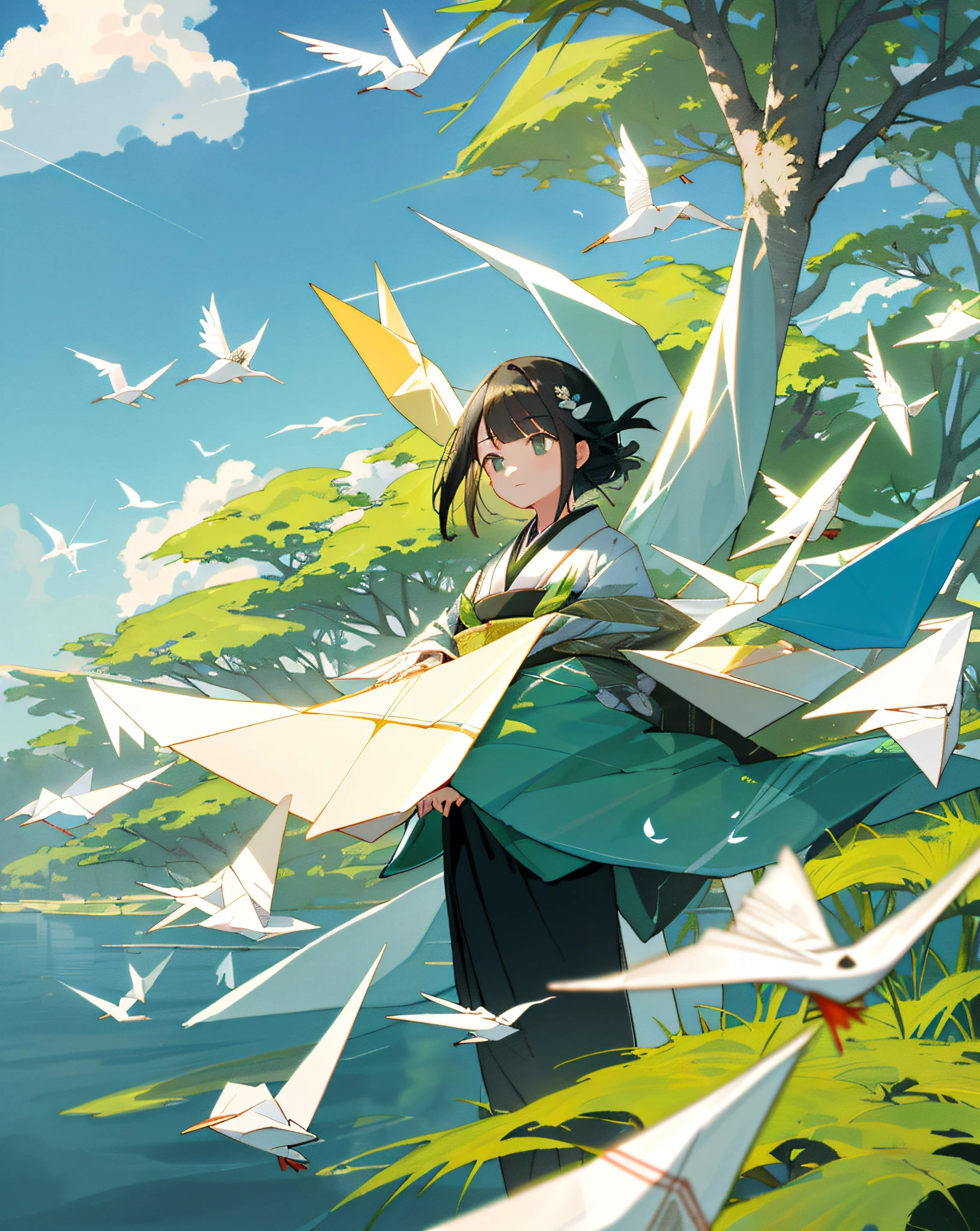 ((Masterpiece,Best Quality)), (1 Girl),Origami,Origami Crane,Japanese Style,Tree,Grass,Sky,Plant,Sea,Morning Sun,Light,Bird,,