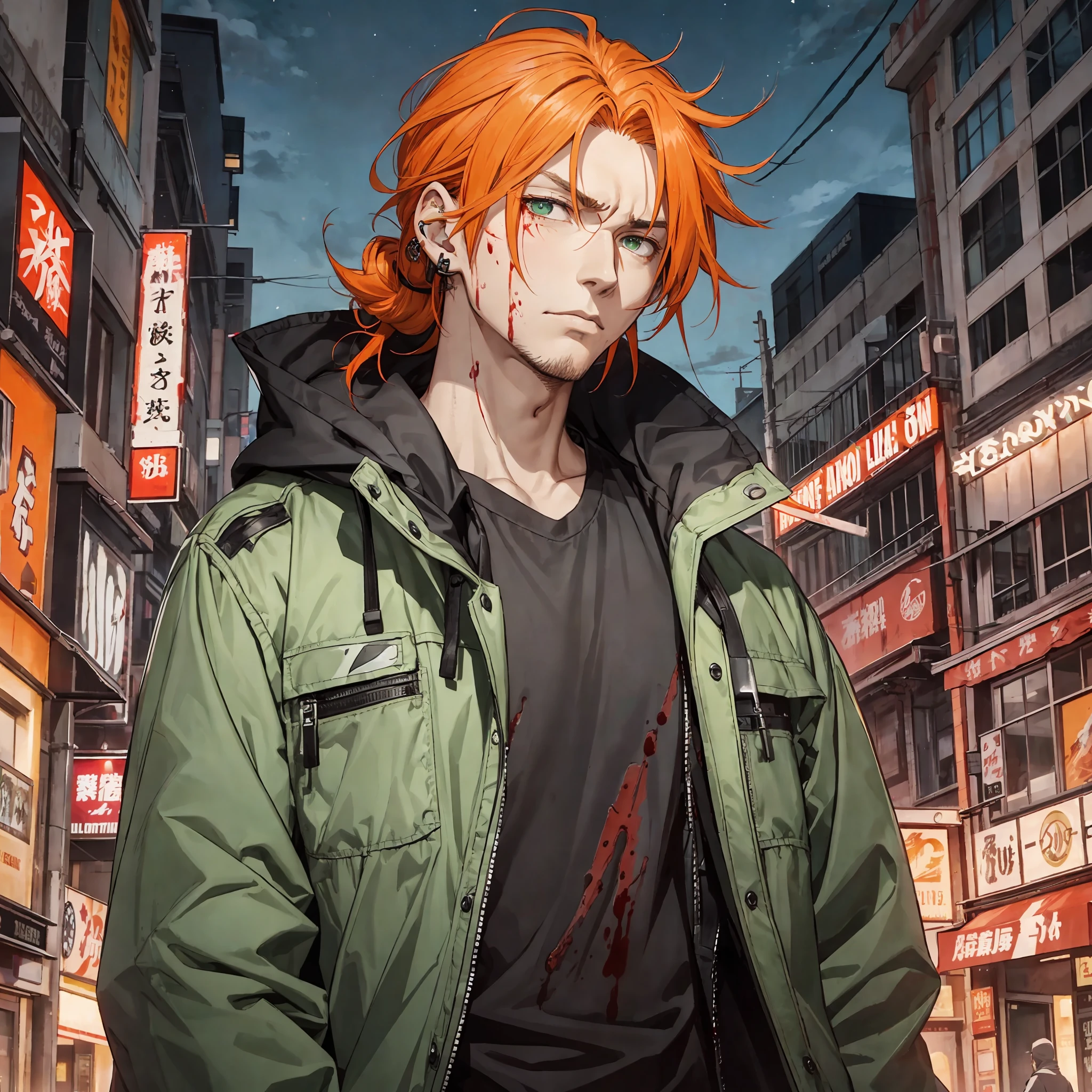 1 male killing someone, handsome, male, adult male, older guy, broad shoulders, tall height, ((green eyes)), ((orange hair, hair tied), piercings, adult, anime version, clothing with black coat, tall man, anime, clothing with black coat,showing the whole character, only one character, only one person, blood on clothing, at night, blood on face, street at night, serious face --auto --s2