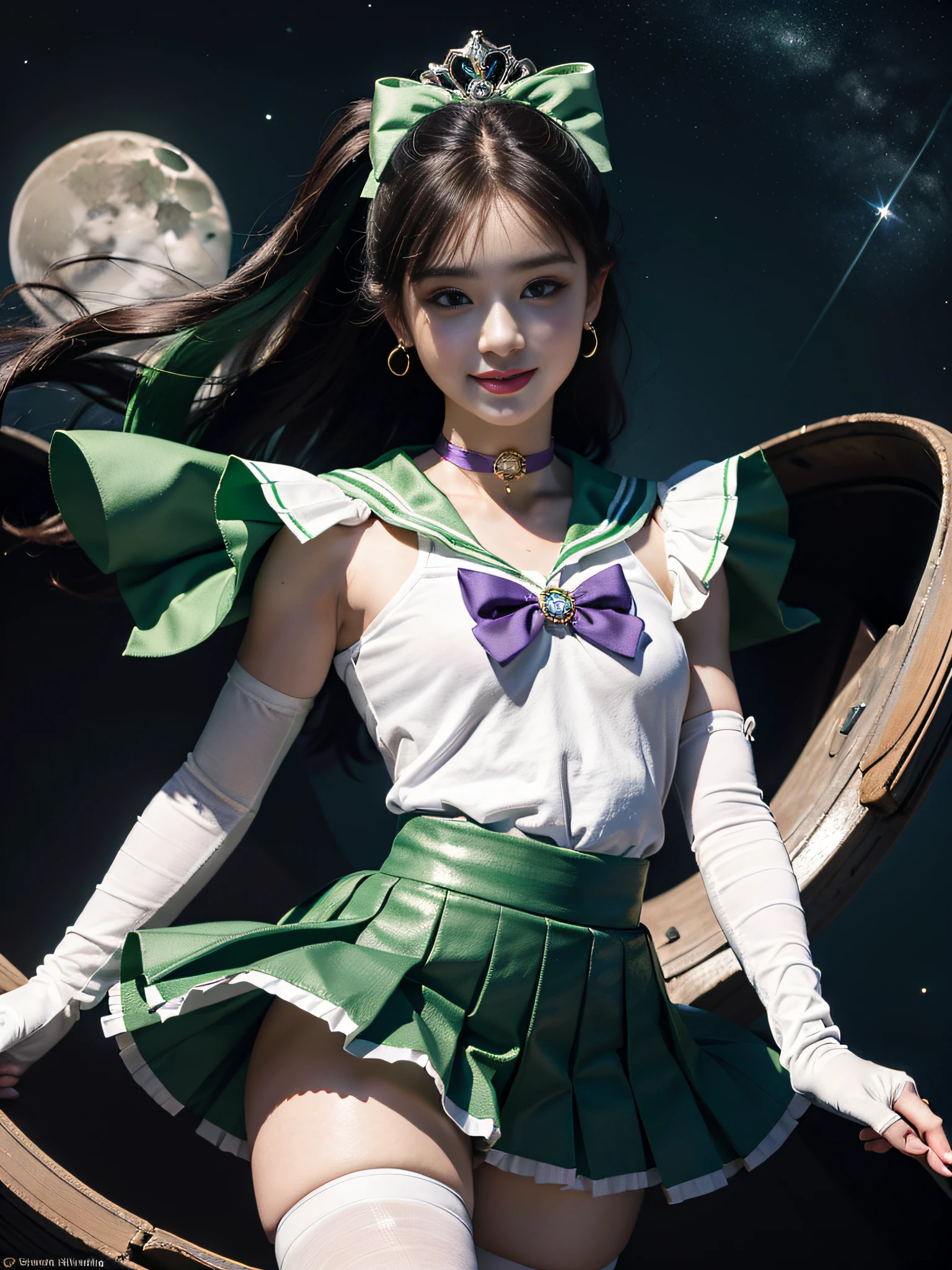 masterpiece,best quality,absurdres,perfect anatomy,sama1,tiara,Sailor Moon Jupiter,white gloves,green sailor collar,green skirt,star choker,elbow gloves,pleated skirt,bare legs,purple bow,space,moon,cowboy shot,smile,flame bow,