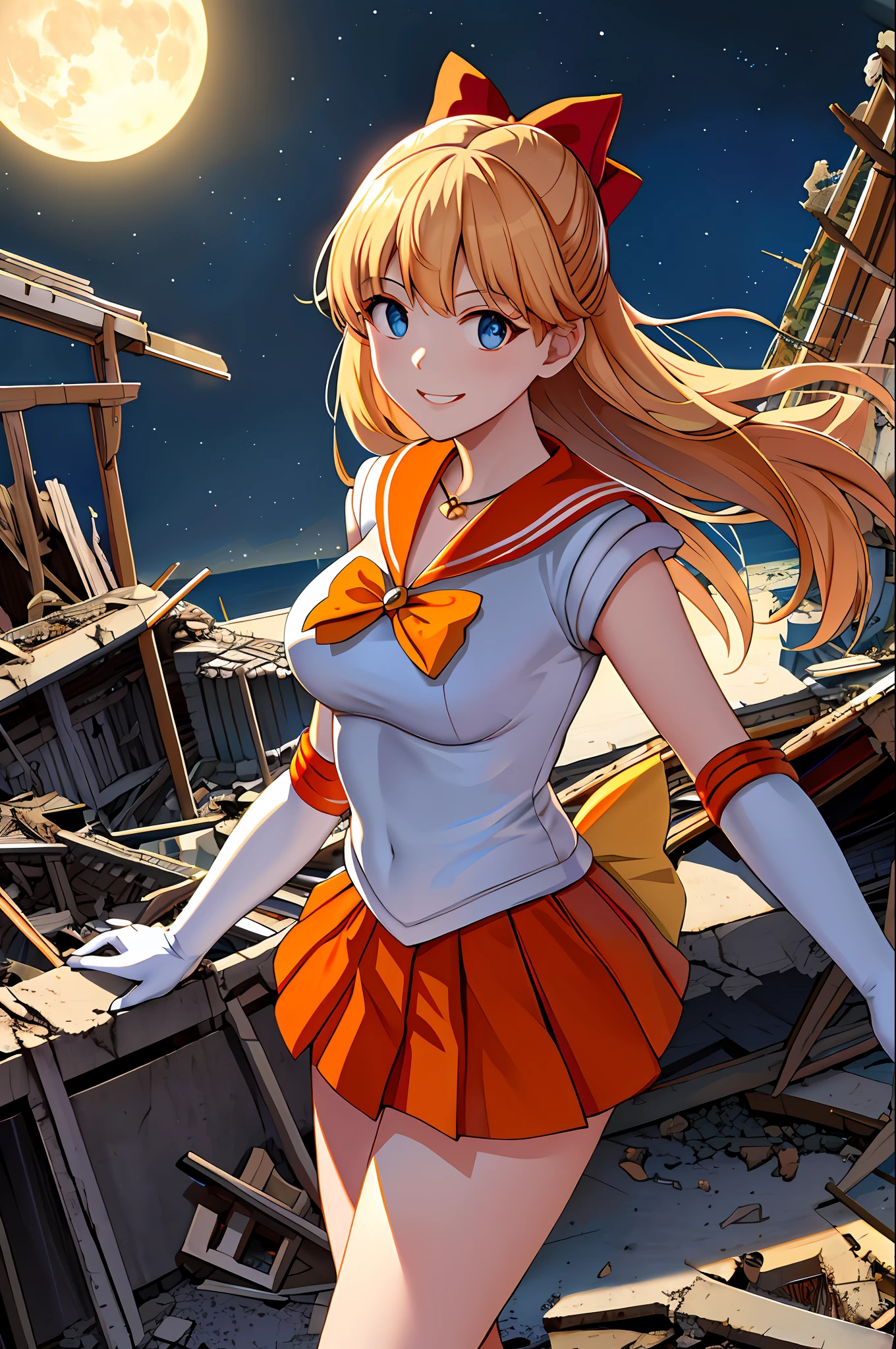 masterpiece, best quality, high resolution, SV1, sailor sensi uniform, orange skirt, elbow gloves, tiara, pleated skirt, mini skirt, red bow, orange necklace, white gloves, jewelry, night, moon, cowboy shooting, standing, confident smile, giantess, destroyed city, collapsed buildings, ruins, rubble, overlook