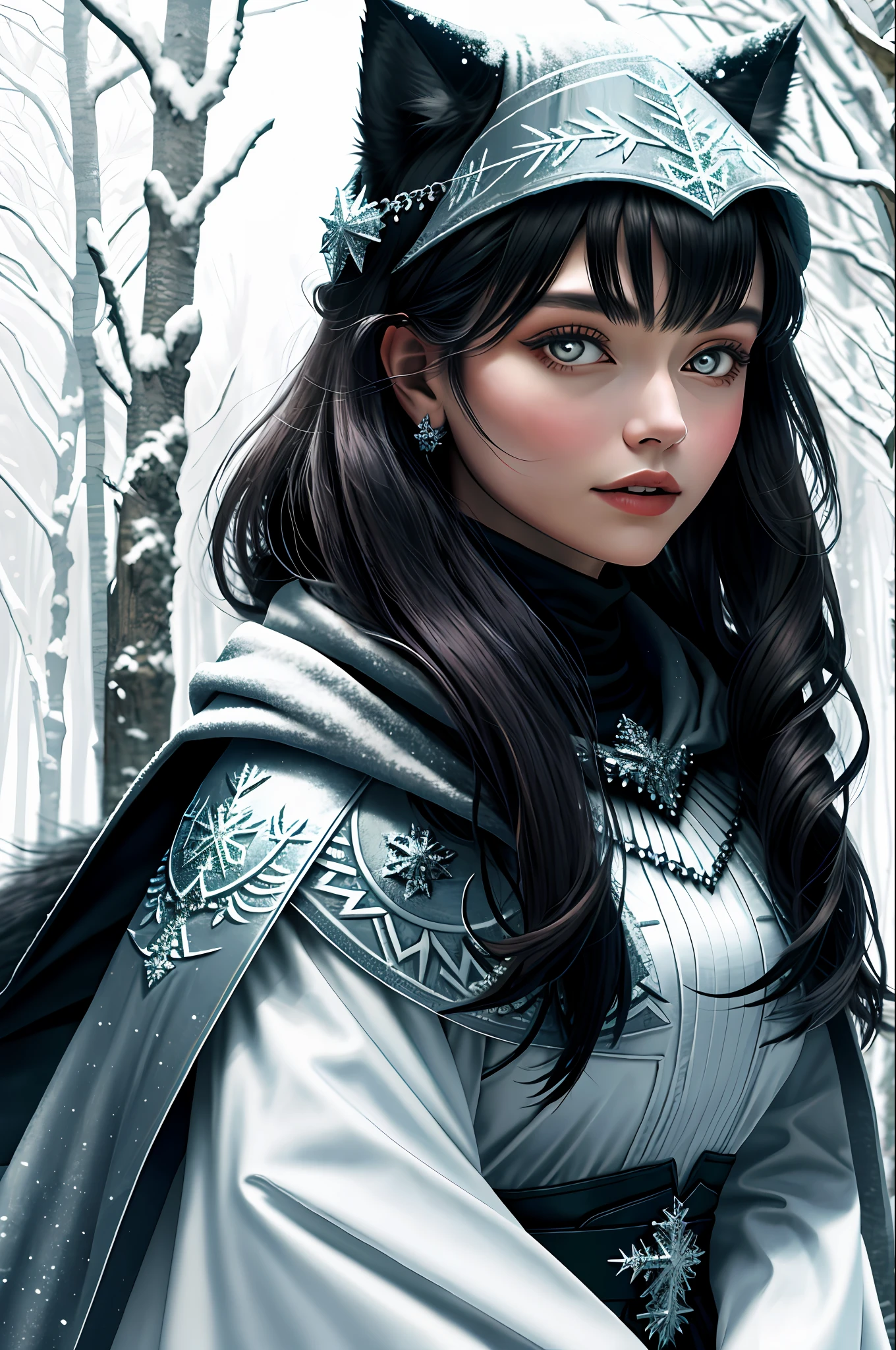 Close-up Princess wearing winter dress and cloak in a frozen forest with her black wolf