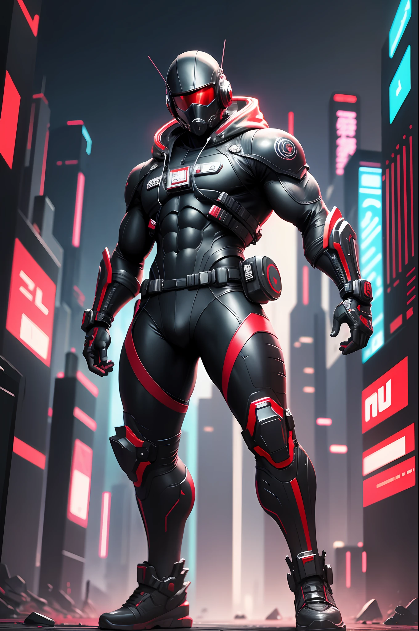 Spaceman, cyberpunk ninja, full body, badass pose, black and red clothes, jacked body, cyberpunk asia background . --auto --s2