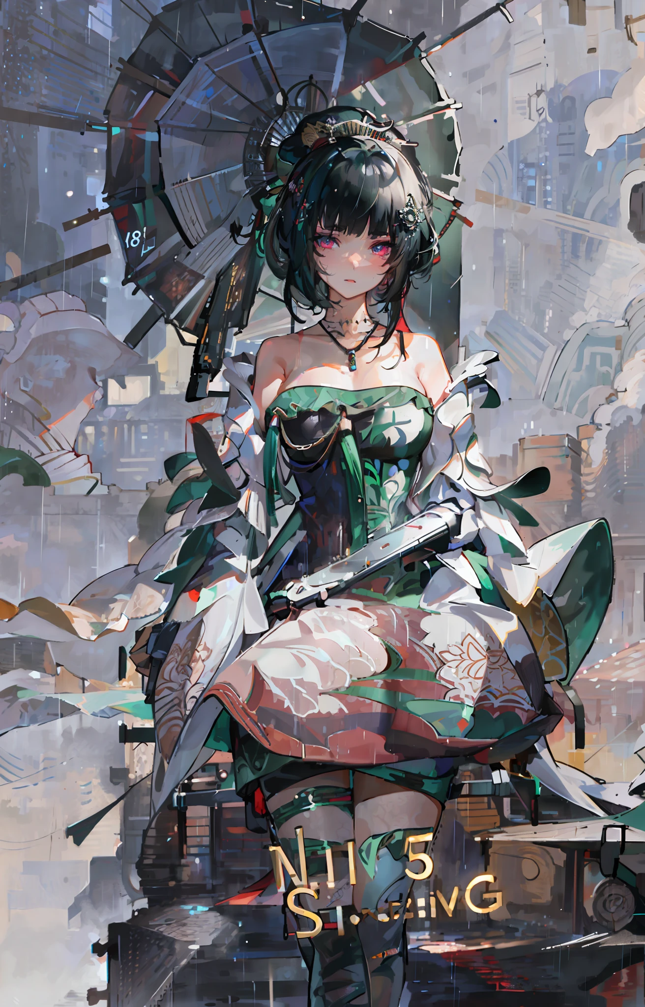 ((Best quality, 8k, lace maxi dress, standing in the rain, red light district, highly detailed face and skin texture, detailed eyes, double eyelids.)