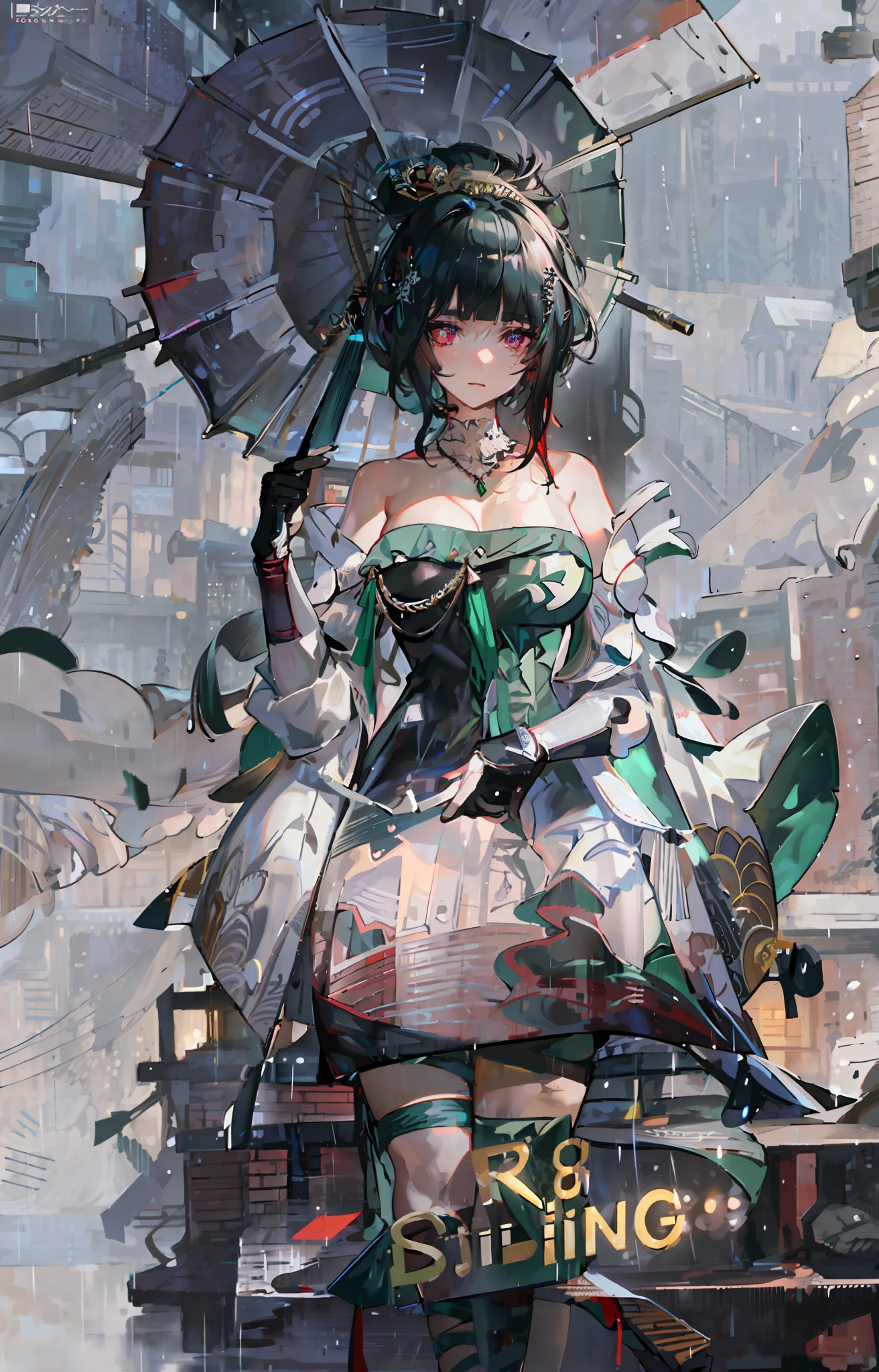 ((Best quality, 8k, lace maxi dress, standing in the rain, red light district, highly detailed face and skin texture, detailed eyes, double eyelids.)