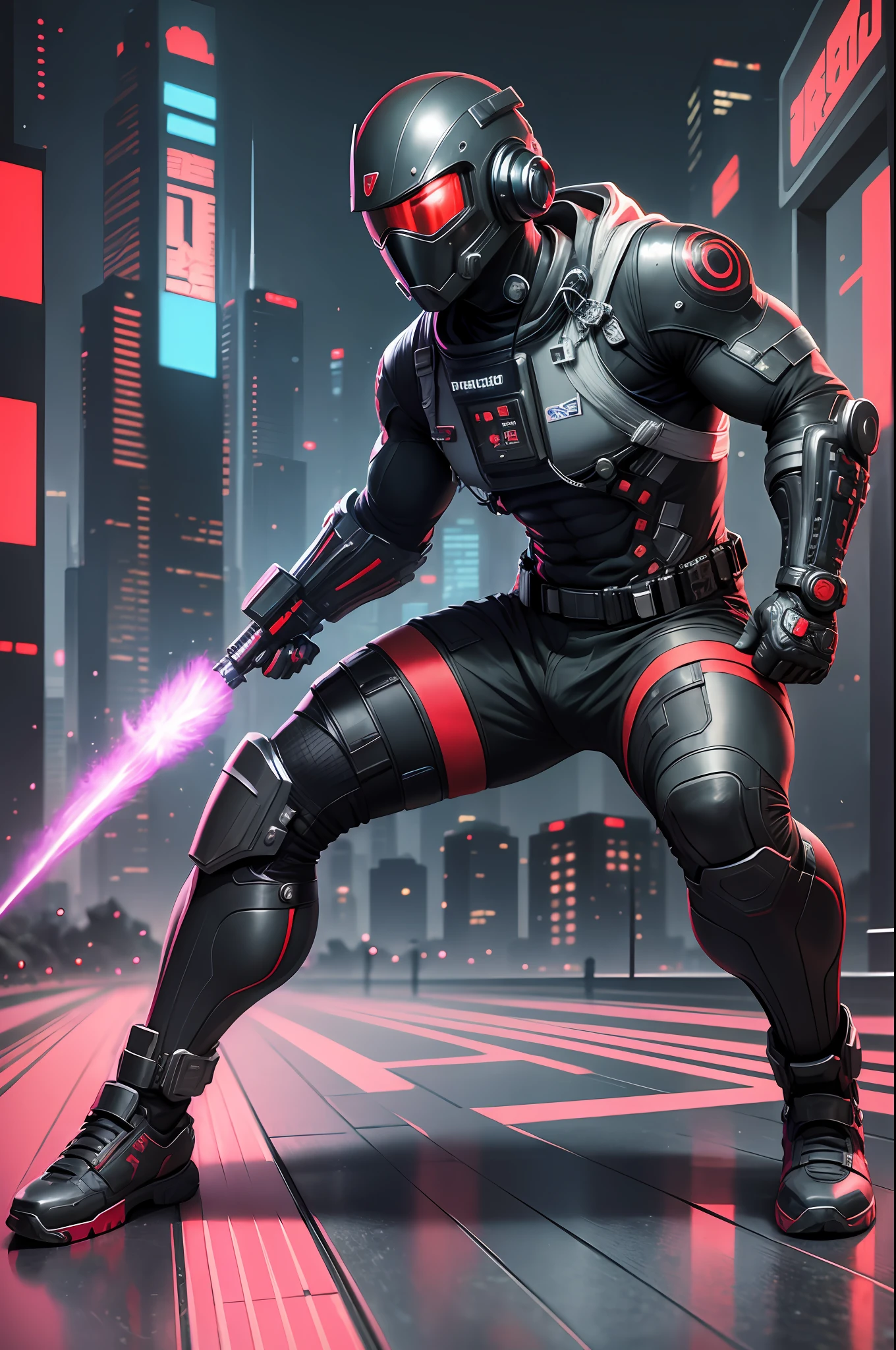 Spaceman, cyberpunk ninja, full body, badass pose, black and red clothes, jacked body, cyberpunk asia background . --auto --s2