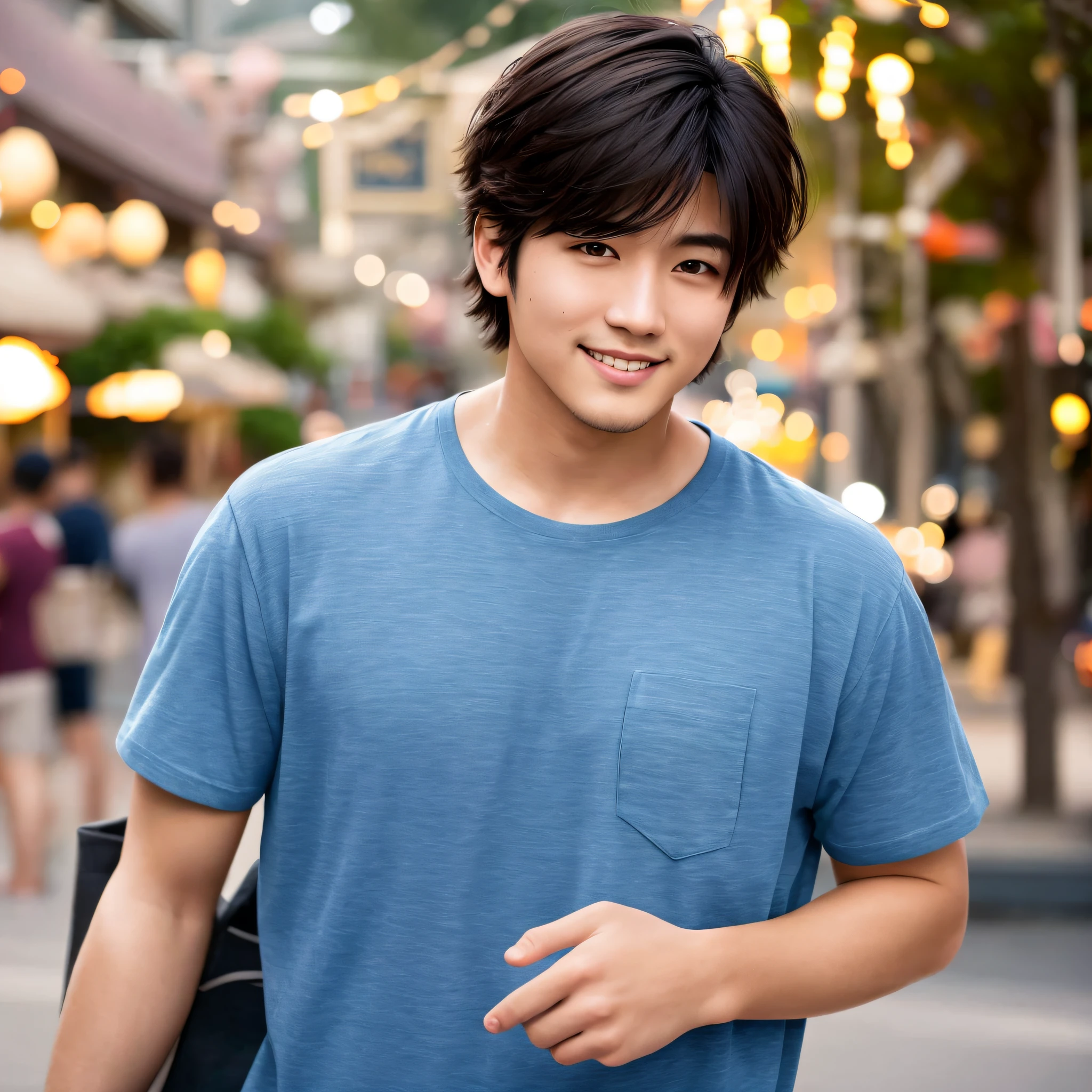 Japan 26 year old handsome man, male focus, wearing t-shirt, messy hair parted center, watching and smiling at viewer, Disneyland, beautiful lighting, deep shadows, top quality, masterpiece, super high resolution, photorealistic, blurred background,