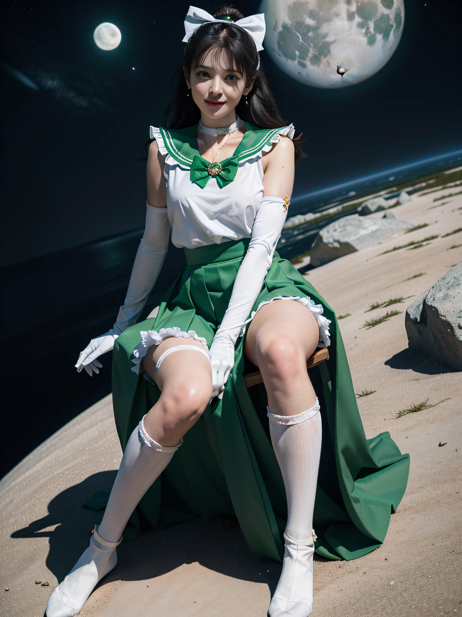 Masterpiece, best quality, absurdity, perfect anatomy, sama1, tiara, sailor Moon Jupiter, white gloves, green sailor collar, green skirt, star necklace, elbow gloves, pleated skirt, bare legs, purple bow, space, moon, cowboy shooting, smile, flame bow, sitting, full body