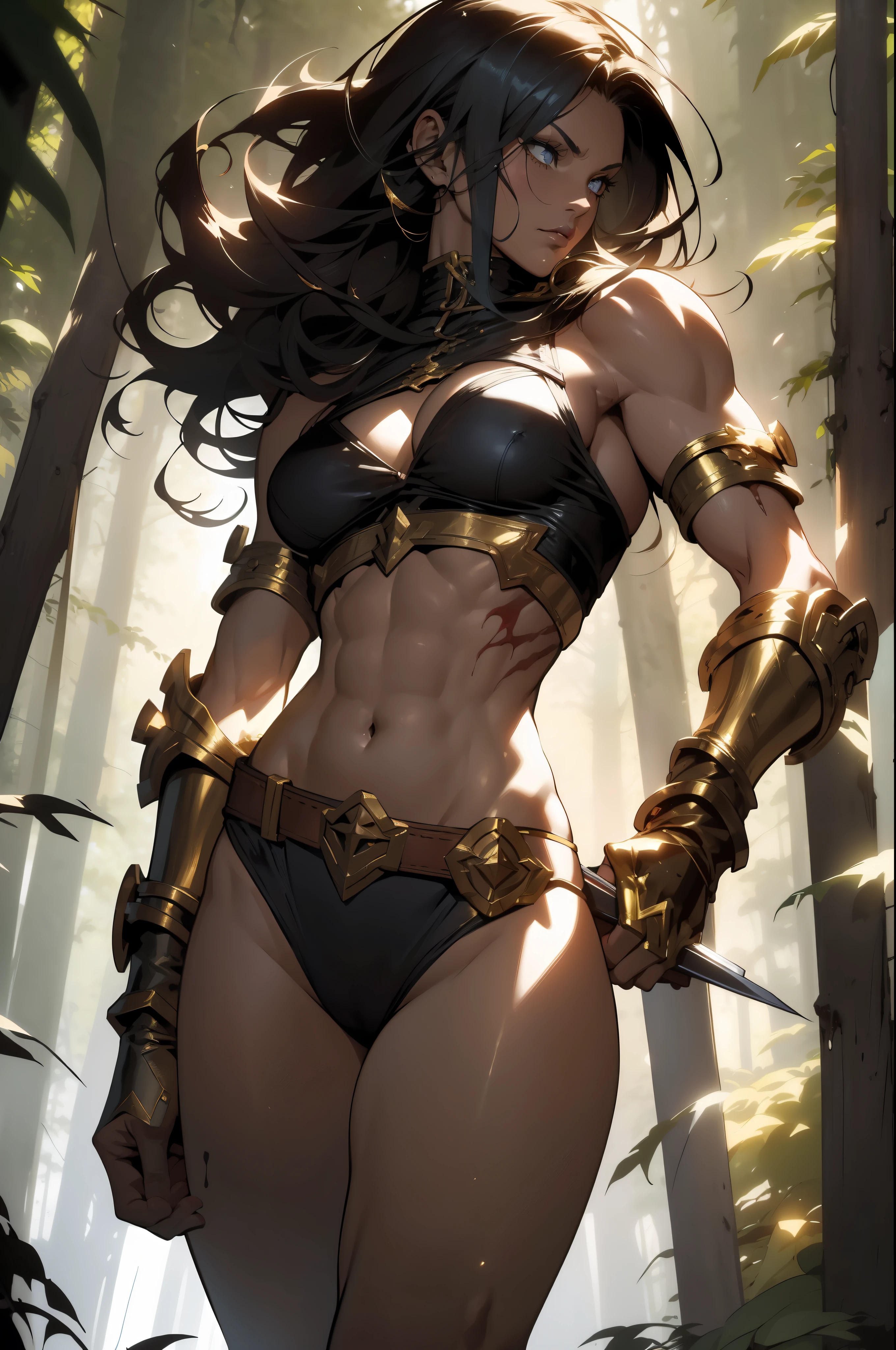 ((Simon Bisley)), Beautiful full-bodied woman, 30 years old, muscular and perfect body, medieval warrior with little clothing, tiny thong, golden metal bra, arm covered by metallic armor, large breasts, generous neckline, holding a blood-stained sword, brave face, dark kingdom, sexy pose, walking in a forest