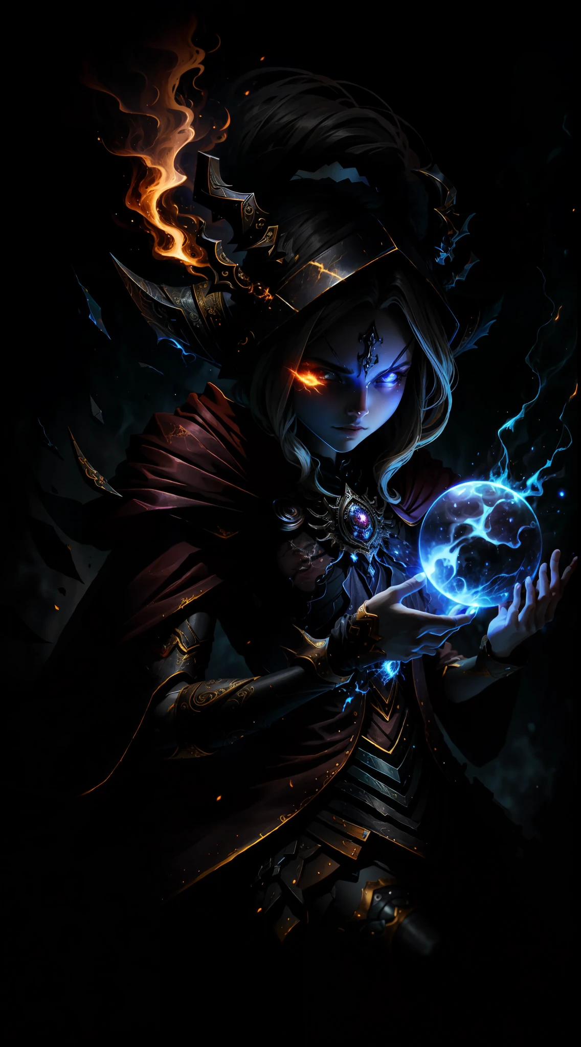 A demon witch casting fire spells, beautiful, very detailed, surreal, cinematic lighting, dark, space background, soft cinematic lighting, (backlight: 1.2), (flare: 1.2), (flash: 1.1), (chromatic aberration: 1.2), clear focus, high contrast, V0id3nergy magic aura, V0id3 energy battle mage, V0id3 nergy cute hollow