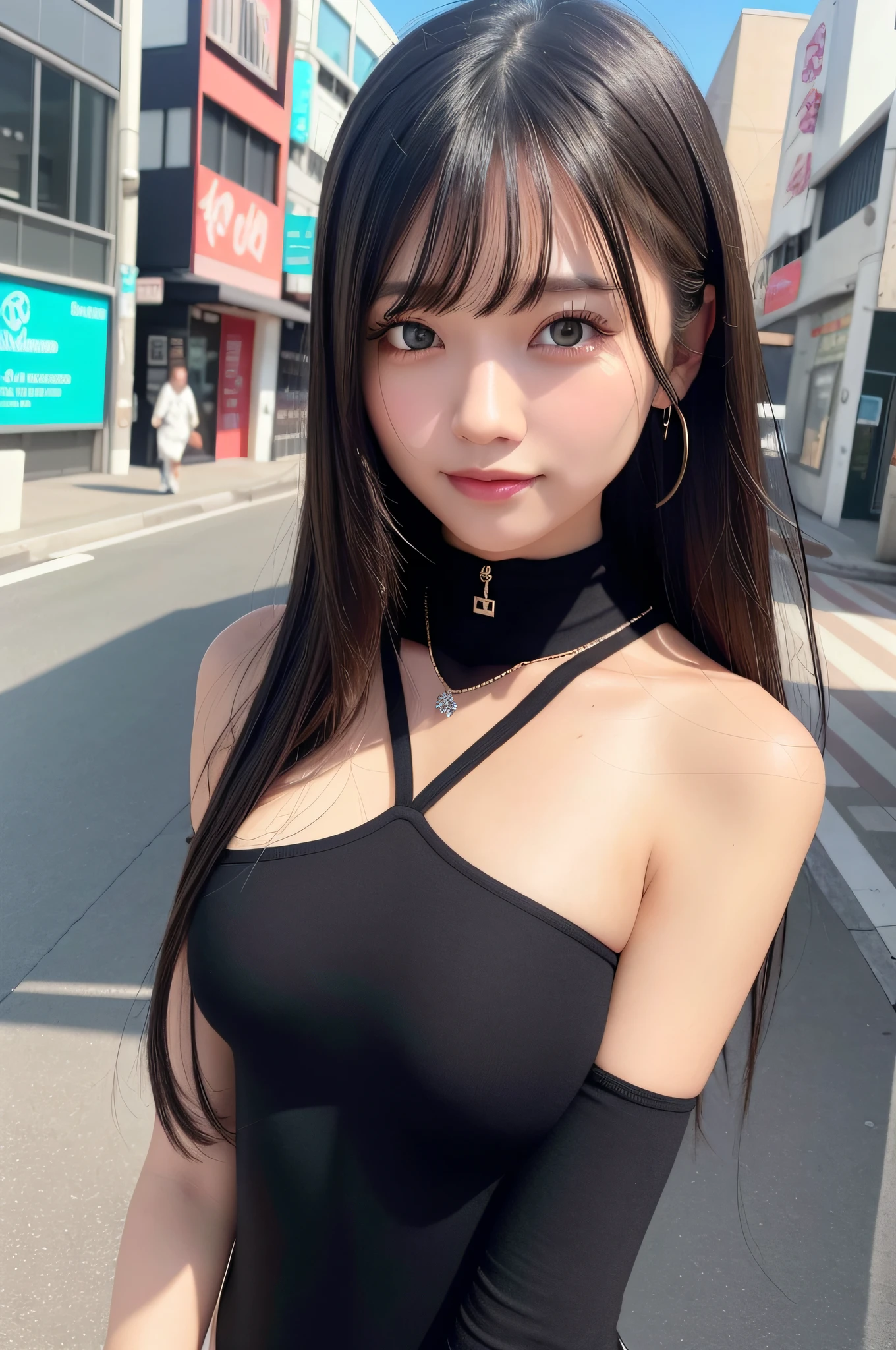(RAW Photos: 1.2), (Photorealistic: 1.4), (Best Quality: 1.4), Ultra High Resolution, (Detailed Eyes), (Detailed Facial Features), (Detailed Clothing Features), HDR, 8K Resolution, Solo Focus, Bangs, Skin Tightening, (Slender Girl), Dreamy, Japan Person,
(ultra-fine illustration), check commentary, explanation request, landscape, no text,
Virtual Girl Aim, Medium, Straight Hair, Long Hair, Black Hair, Black Eyes,
1 girl,
crystal pendant,
tight bodysuit,
cute, sexy,
(smile),