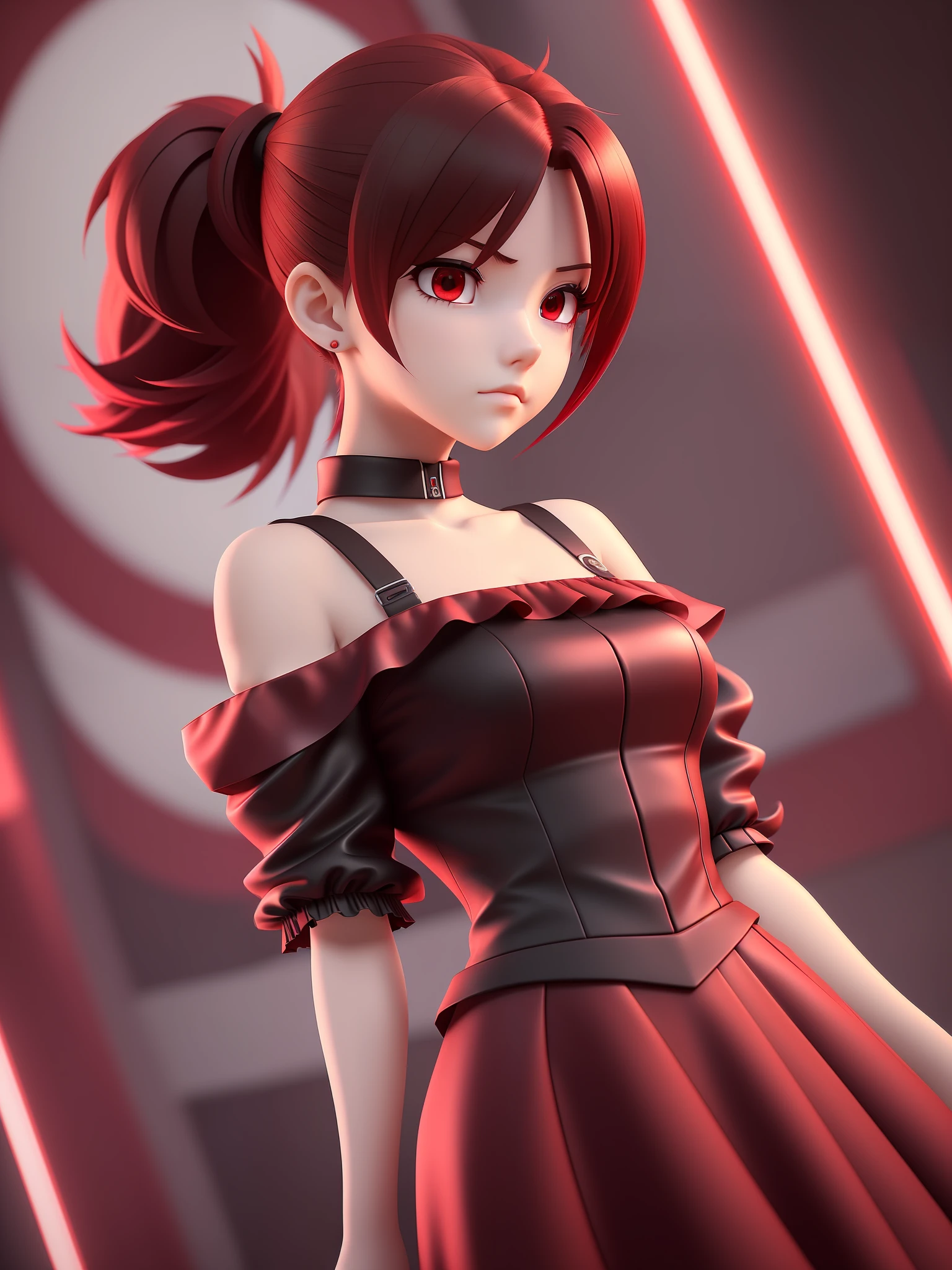 Young girl, a cartoon character dark red outfit, ((cold expression and tired eyes)), ((hair up to shoulder)), (red eyes), stylized character, animation character, stylized 3d render, 3d character, highly detailed character, stylized anime, stylized 3d, render character, character model, closeup, (maximum quality)