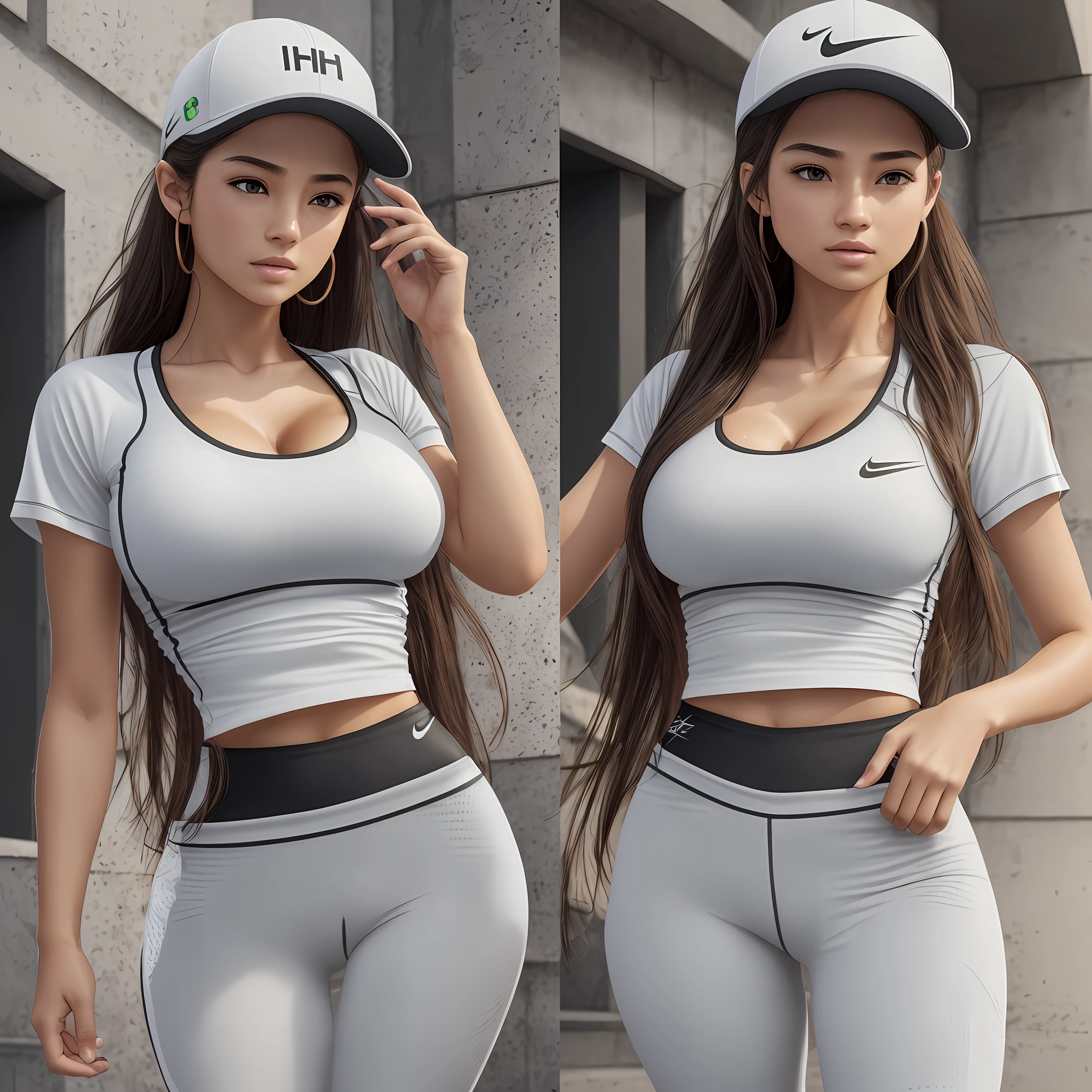 dressed, (photo realistic:1.4), (hyper realistic:1.4), (realistic:1.3), (smoother lighting:1.05), (increase cinematic lighting quality:0.9), 32K, 1girl,20yo girl, realistic lighting, backlighting, light on face, ray trace, (brightening light:1.2), (Increase quality:1.4), (best quality real texture skin:1.4), finely detailed eyes, finely detailed face, finely quality eyes, (tired and sleepy and satisfied:0.0), face closeup, t-shirts, (Increase body line mood:1.1), (Increase skin texture beauty:1.1)hyper large breast,cleavage,Nike shirt,nike cap,nike long pants, --auto --s2