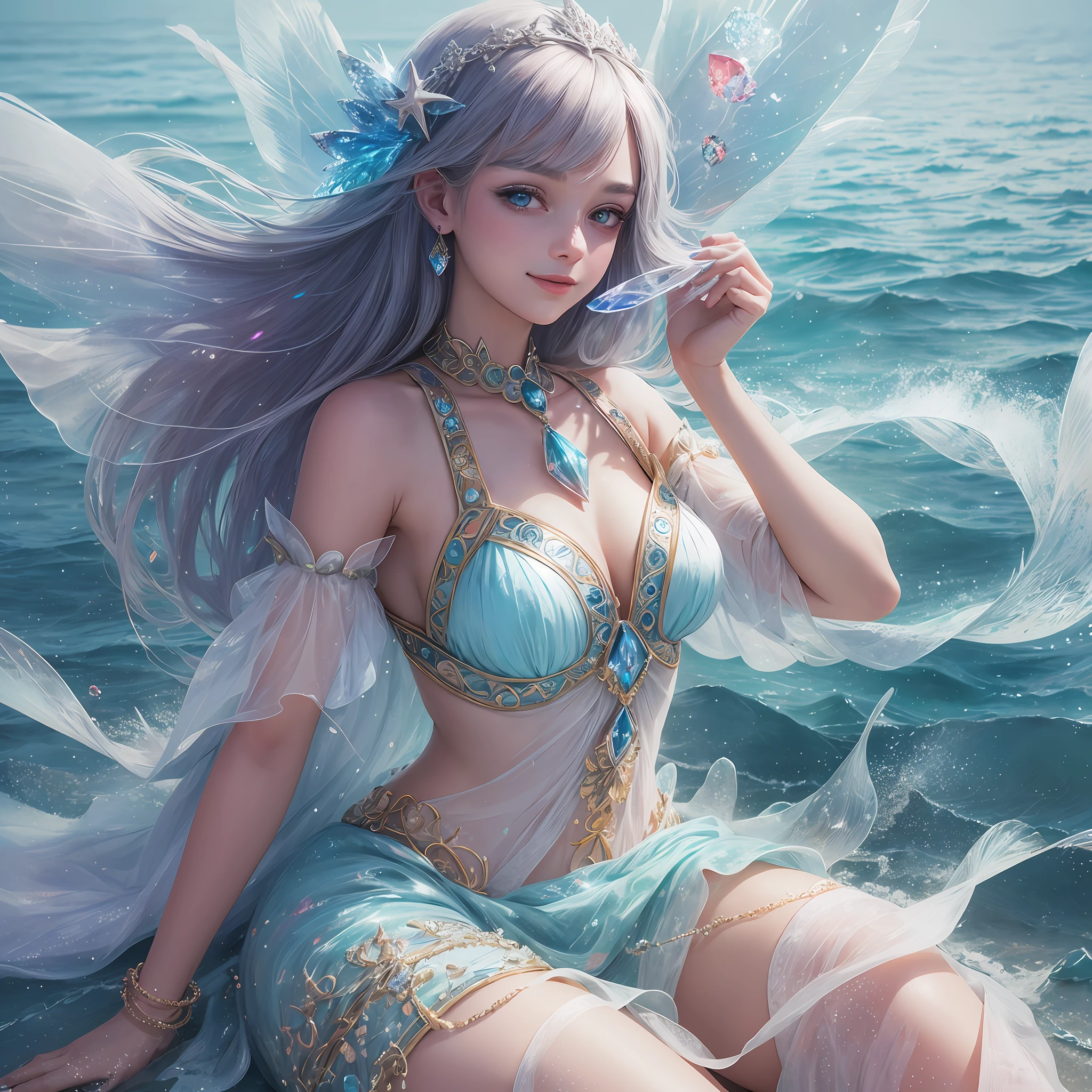 fairy feathers, crystal, glitter, bright smile, mysterious sea, lassen high image quality