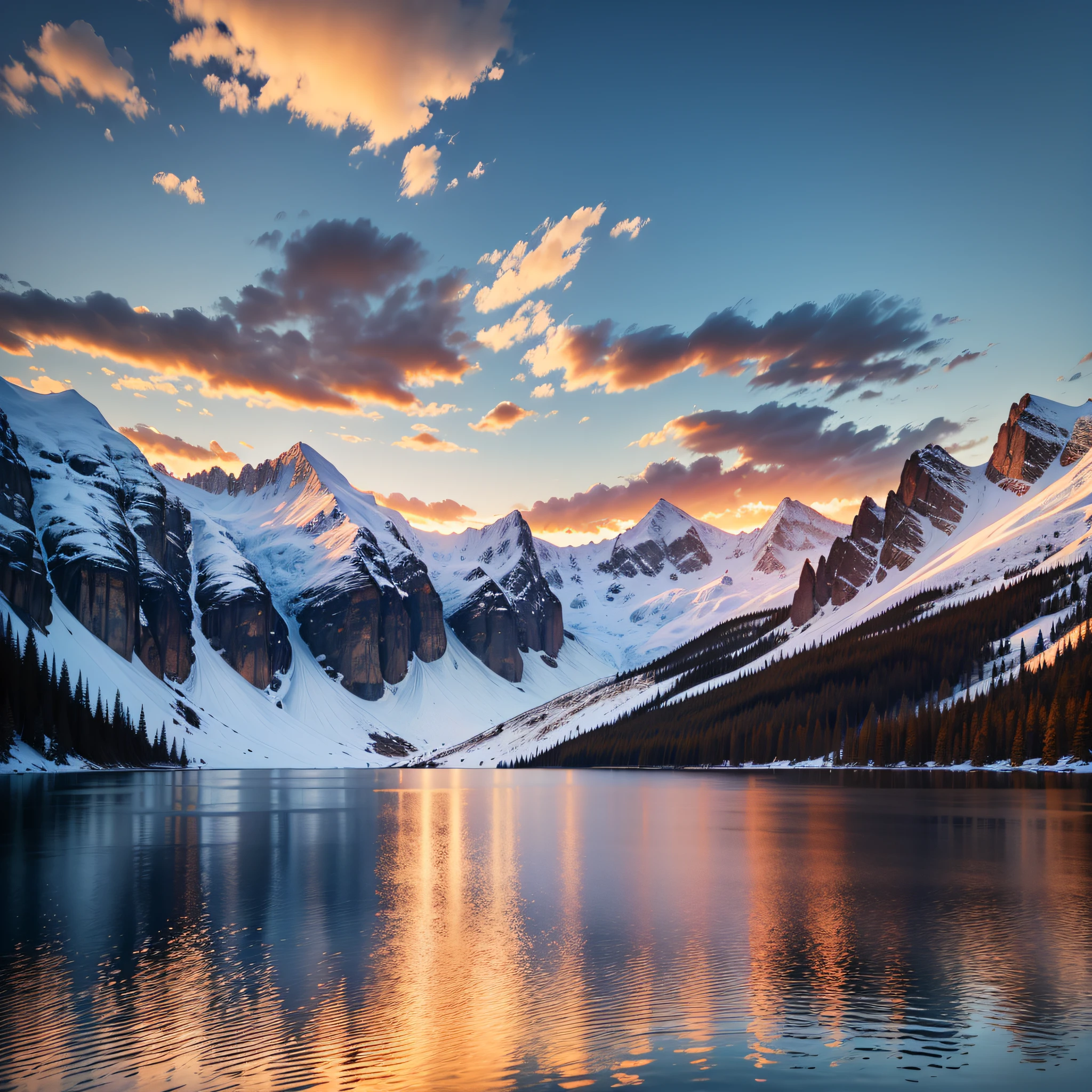 A sunset over a crystal clear lake surrounded by snow-capped mountains. --auto --s2