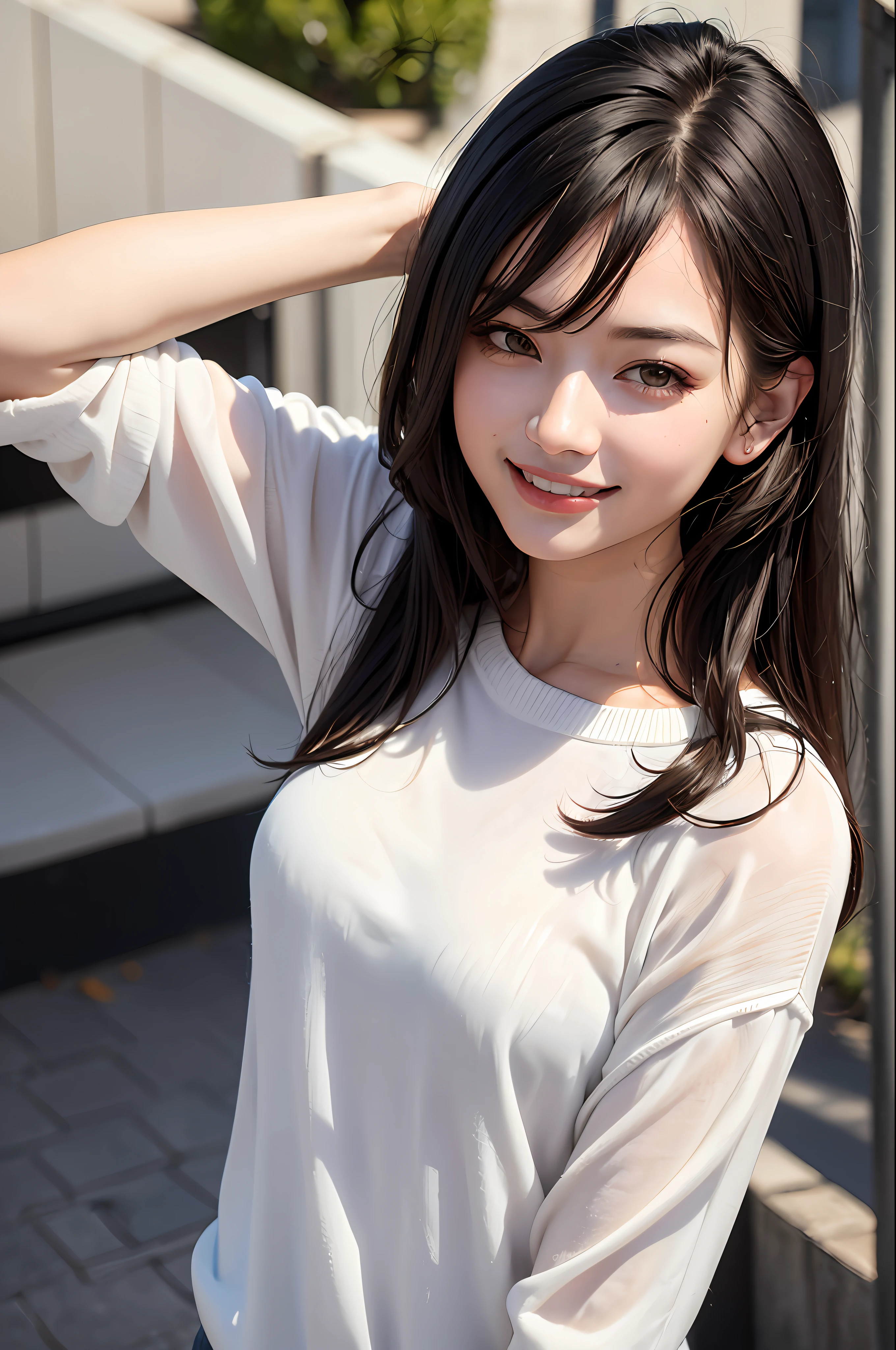 Top Quality, Masterpiece, Ultra High Definition, (Photorealistic: 1.4), Raw Photo, 1 Girl, Dark Hair, Smile, Glossy Skin, Dramatic Lighting, Neatness, T-Shirt, White Summer Sweater, (Big: 0.9), Park