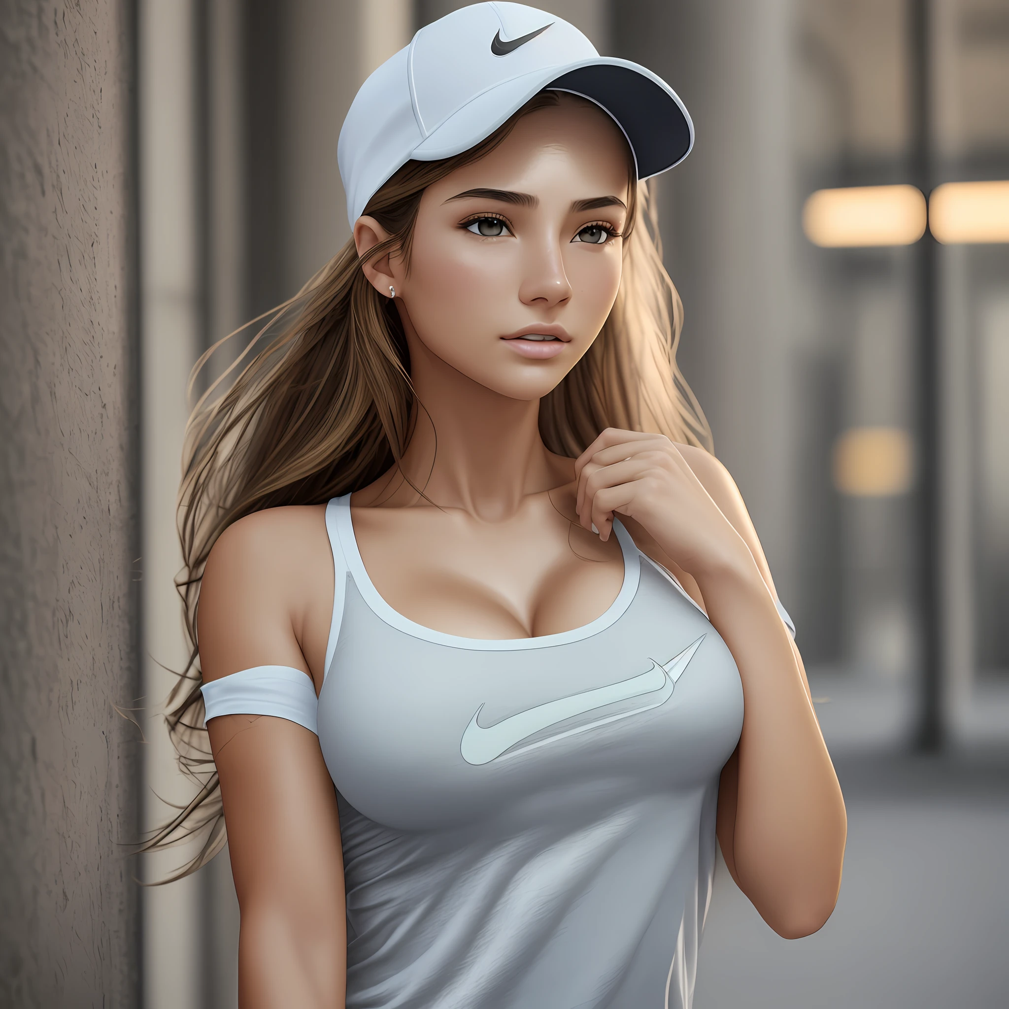 dressed, (photo realistic:1.4), (hyper realistic:1.4), (realistic:1.3), (smoother lighting:1.05), (increase cinematic lighting quality:0.9), 32K, 1girl,20yo girl, realistic lighting, backlighting, light on face, ray trace, (brightening light:1.2), (Increase quality:1.4), (best quality real texture skin:1.4), finely detailed eyes, finely detailed face, finely quality eyes, (tired and sleepy and satisfied:0.0), face closeup, t-shirts, (Increase body line mood:1.1), (Increase skin texture beauty:1.1)hyper large breast,cleavage,Nike shirt,nike cap,nike long pants, --auto --s2