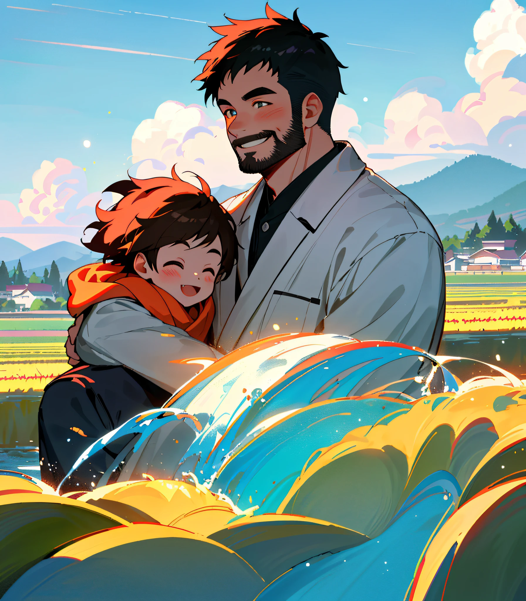 Make illustration poster, Chinese illustration, flat illustration, (((Father's Day))), Asian, brunette hair, (((father and son))), father smile, (stubble), (short hair), clear facial features, happy smile on face, outdoors, mountains, countryside, rice fields, flowing water, stream, sunny, blue sky and white clouds, grass, country path, (vista) colorful, highly saturated, contour light, warm and bright, colorful, HD 8K, colored light particles, heterochromatic, (color: 1.5) , --v6