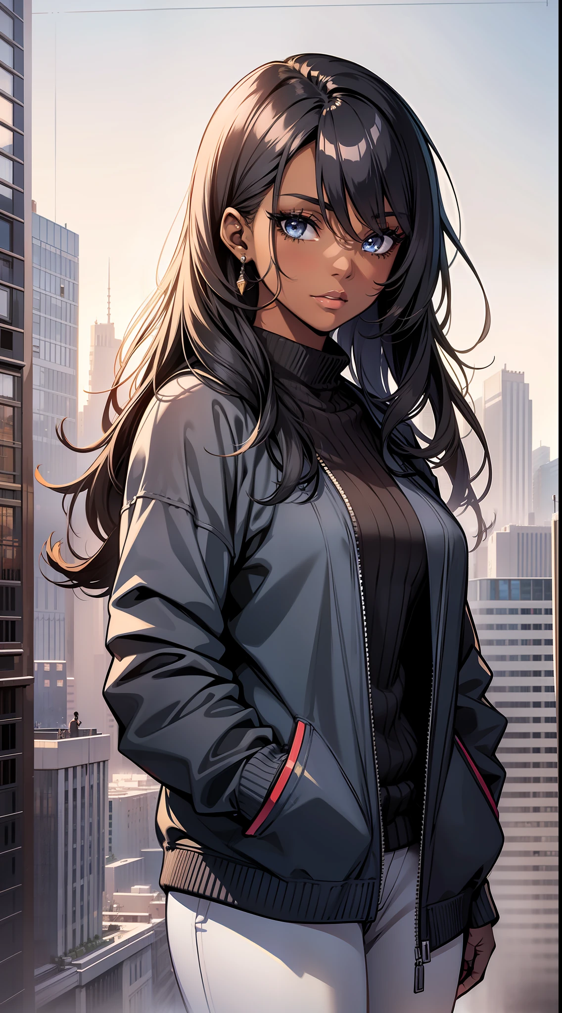 City landscape,(a young woman:1.2) (a girl:1.1) (solo:1:1) full shot, dark skin, portrait, makeup, super detailed, pencil sketch style, direct look, outlined.