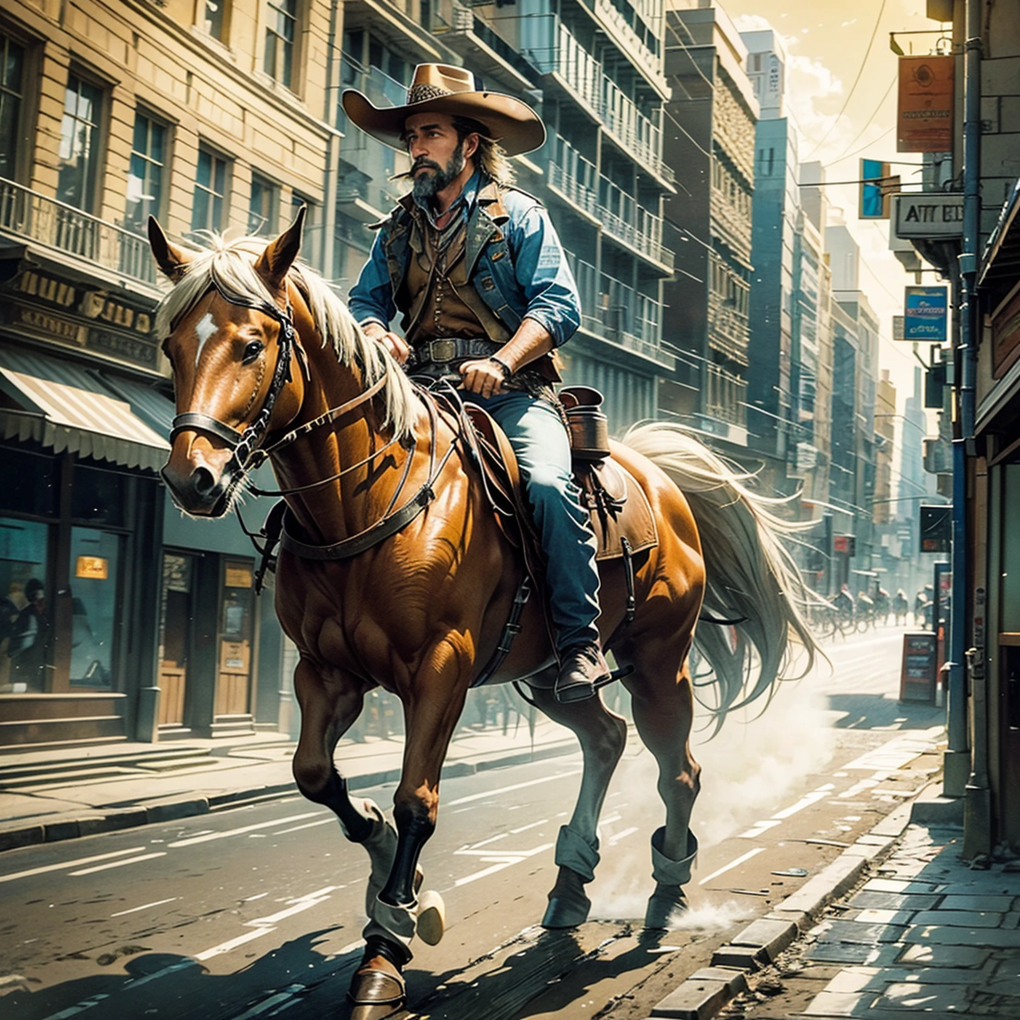 Haw, a Wild West man on horseback in the center of a big city --auto --s2