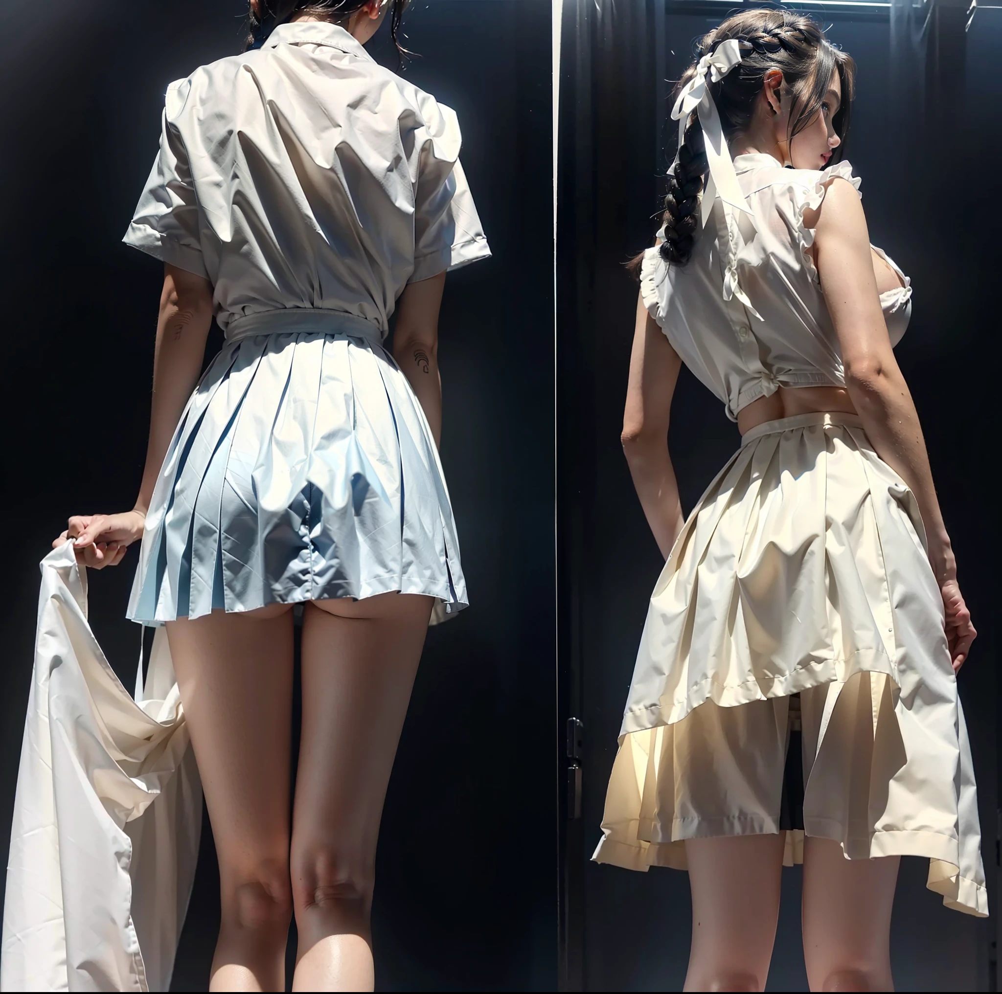 (Best Quality), (Masterpiece), (Raw Photo), Master, Very Beautiful, Highly Detailed CG, 8k Wallpaper, Amazing Fine Details, Official Art, Huge File Size, High Resolution, Darkness, Atmosphere, Mystical, Romanticism, Spooky, Literature, Art, Fashion, Elegant, ((Perfect Anatomical Depiction of the Human Body))), Staring at the Beholder, Two girls are showing off their buttocks with a side-by-side back view, two want you to see their buttocks, one has blonde blue eyes and partially braided long hair,
One is a twin-tailed brunette with beautiful whitening skin, (Japan with beautiful whitening skin, (very huge), ((super big)), (thin waist), (big buttocks), (thin thighs), (skin turns white), baby face, ite blouse of smooth thin fabric with ribbon ties)), (blouse breasts are very cramped), (no bra), (dark areolas), ( blouse crushes big),
((Ultra Mini Pleated Skirt)), (White underwear), (No skin exposed on the upper body), (All buttons fastened and neat clothes), Shot from different angles, Midnight, Dark basement, No Window, Dust Dance, (Very dark), (Blue faint backlight), bowtie, Black background